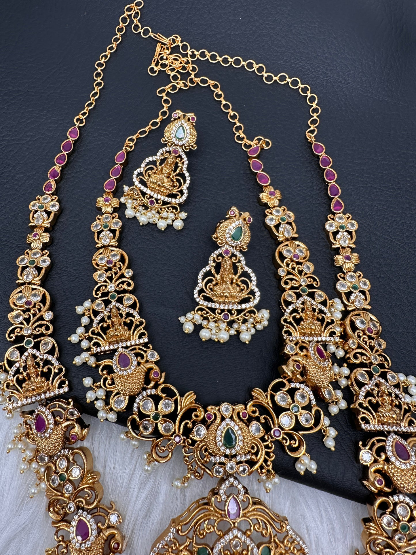 Goddess Lakshmi Peacock Red Green Multi Stone CZ Matte Finish Combo Necklace