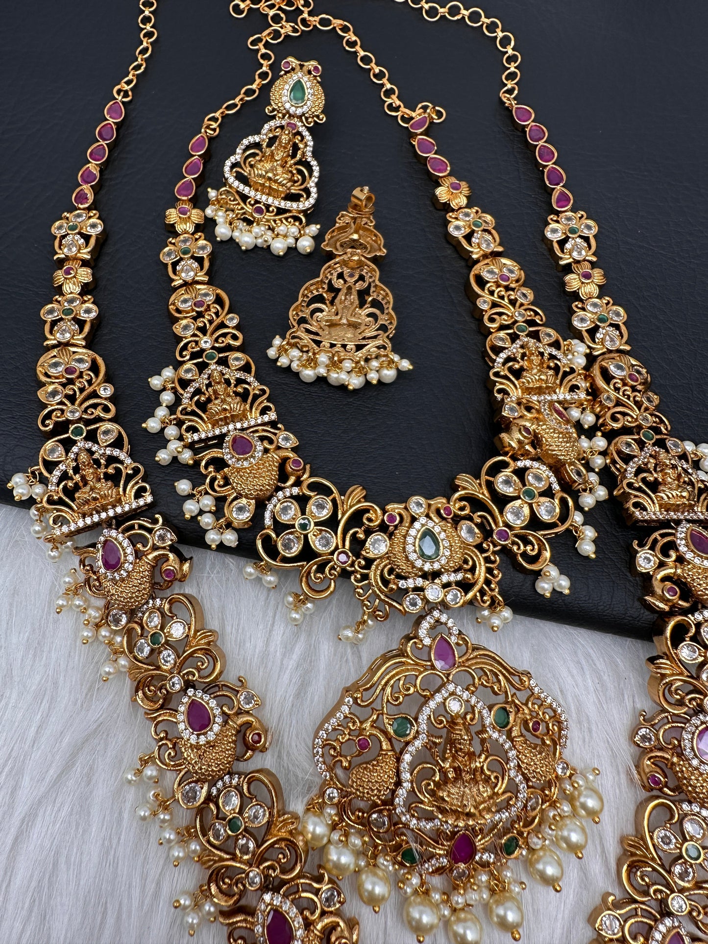 Goddess Lakshmi Peacock Red Green Multi Stone CZ Matte Finish Combo Necklace