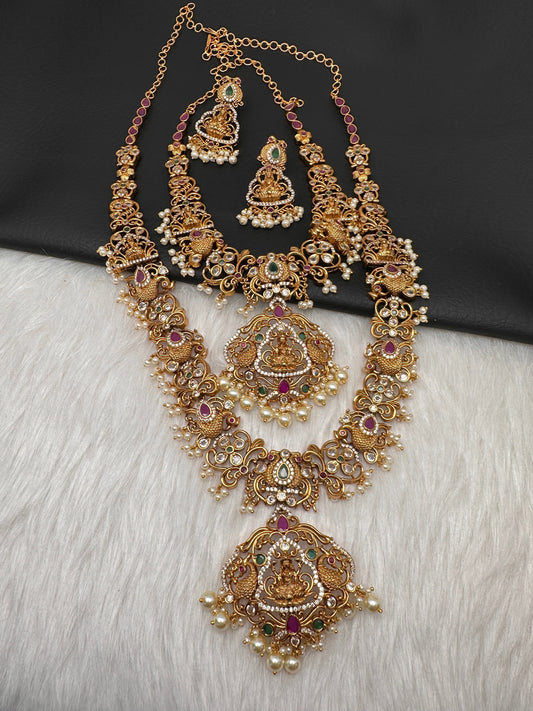 Goddess Lakshmi Peacock Red Green Multi Stone CZ Matte Finish Combo Necklace