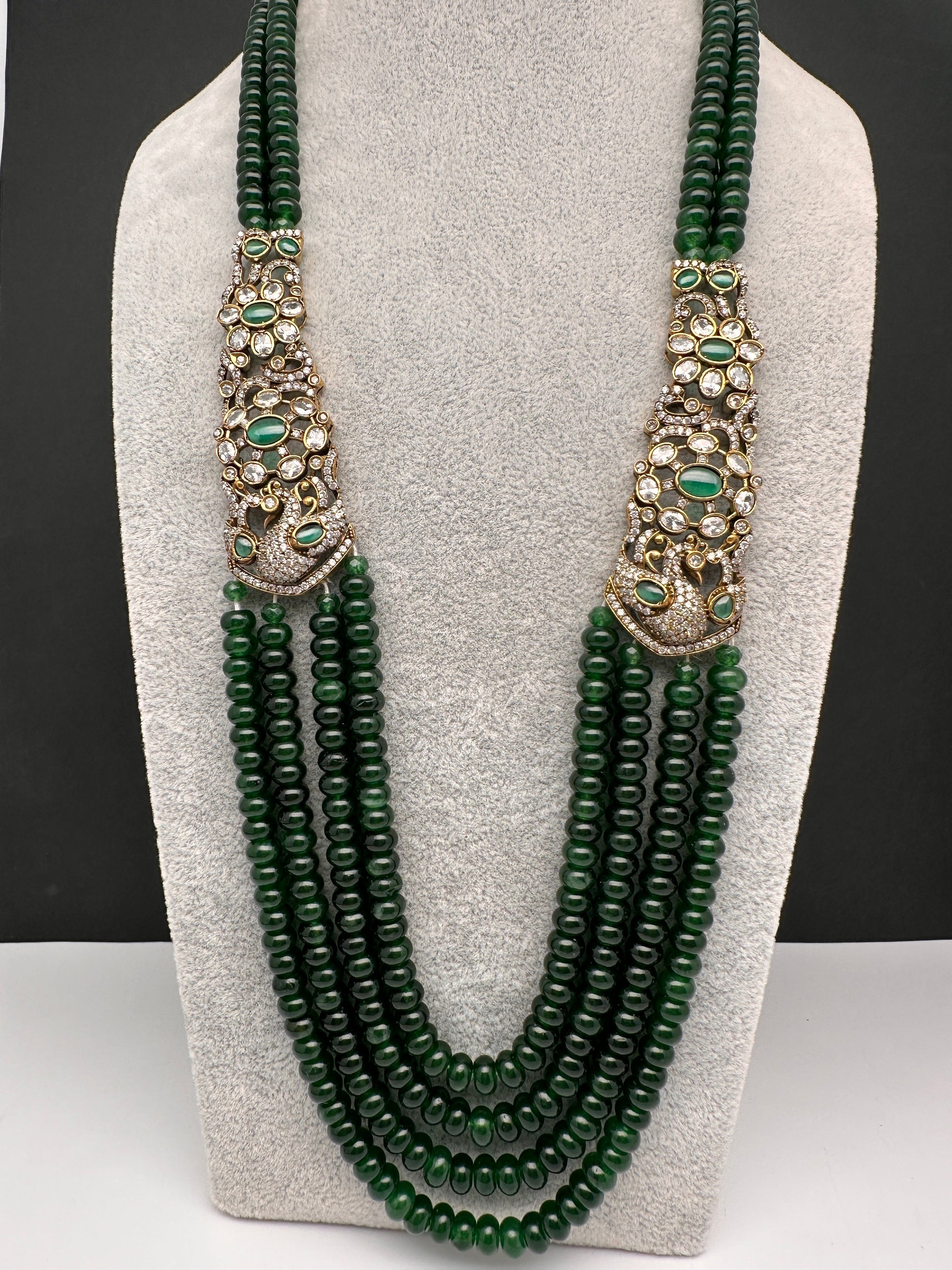 CZ Victorian Side Pendent Color Stone Beads Necklace - Green
