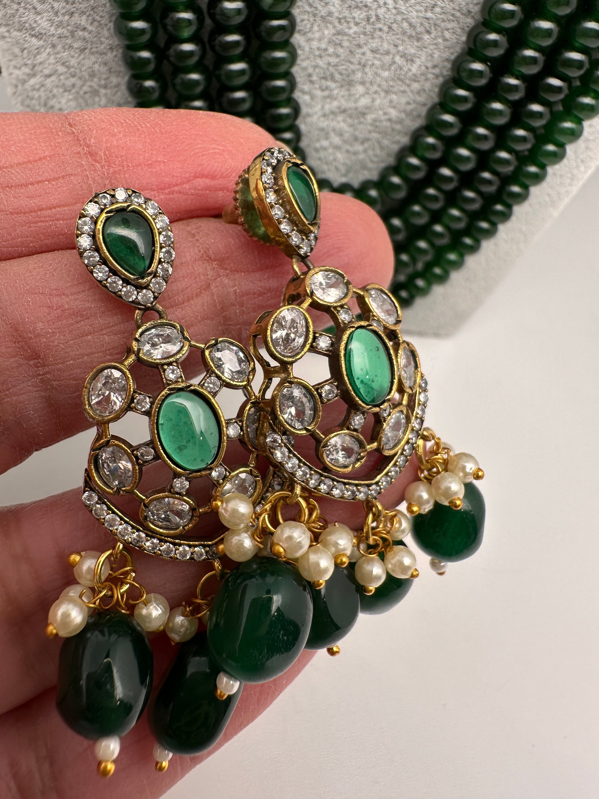 CZ Victorian Side Pendent Color Stone Beads Necklace - Green