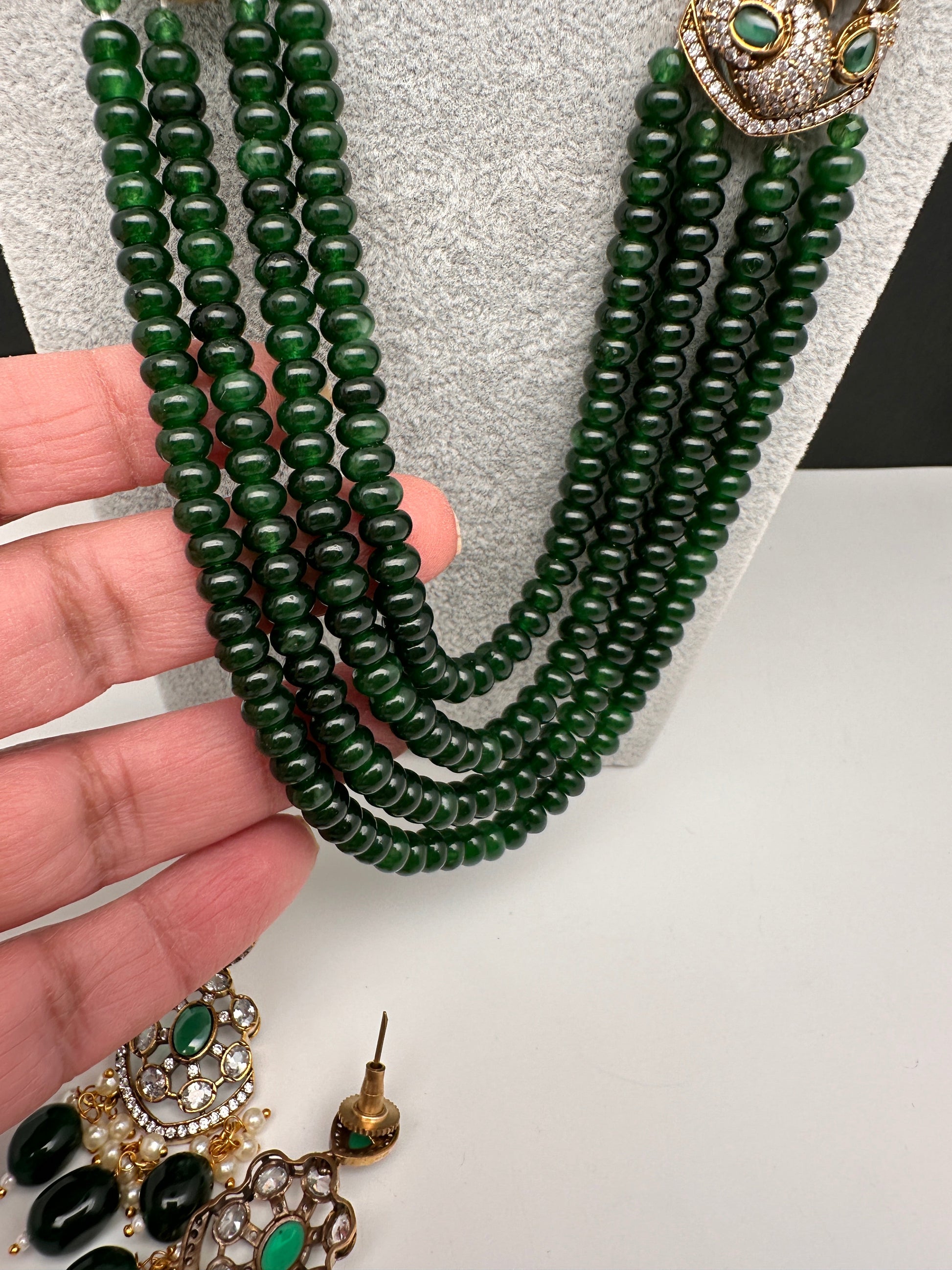 CZ Victorian Side Pendent Color Stone Beads Necklace - Green