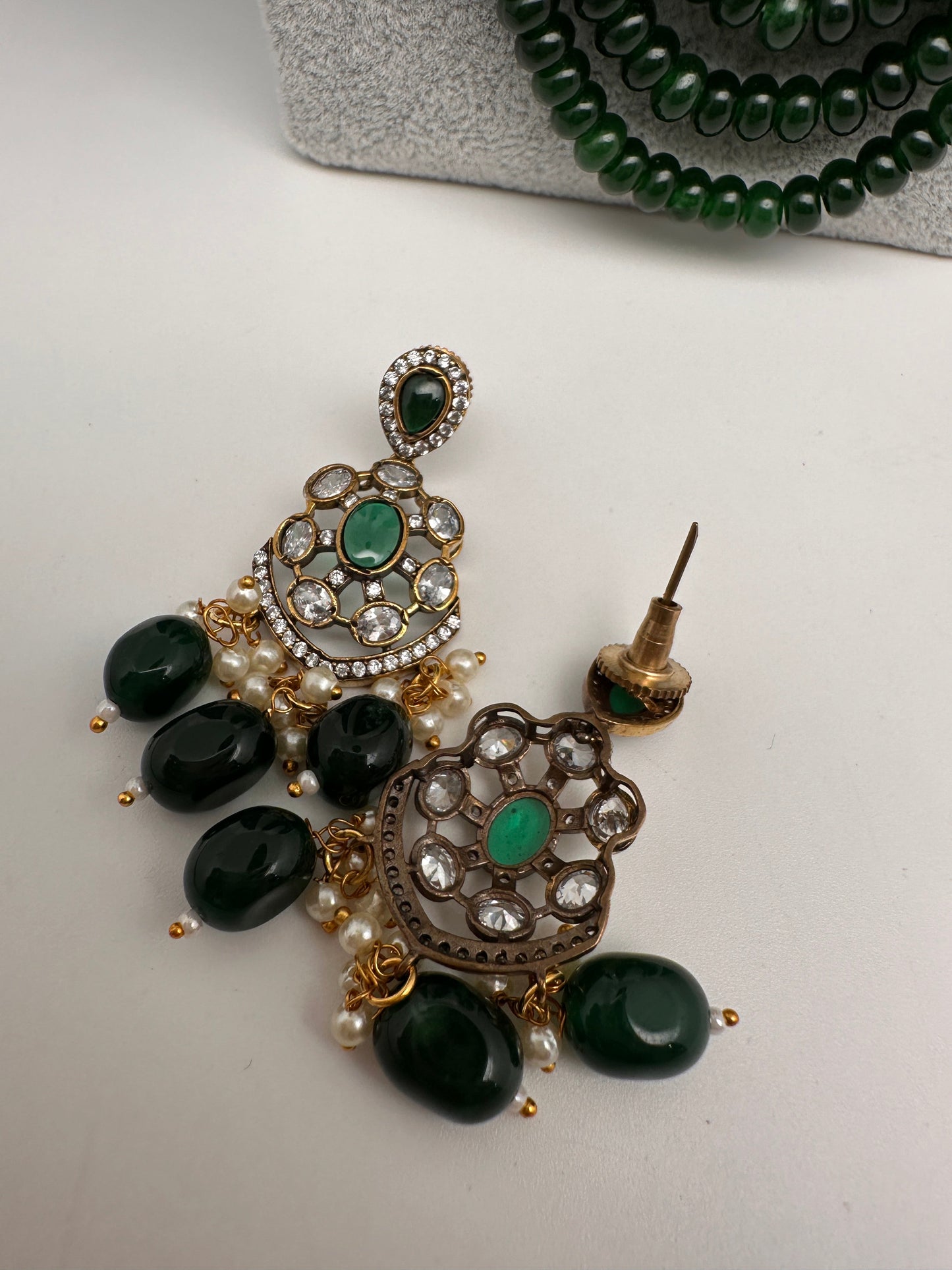 CZ Victorian Side Pendent Color Stone Beads Necklace - Green