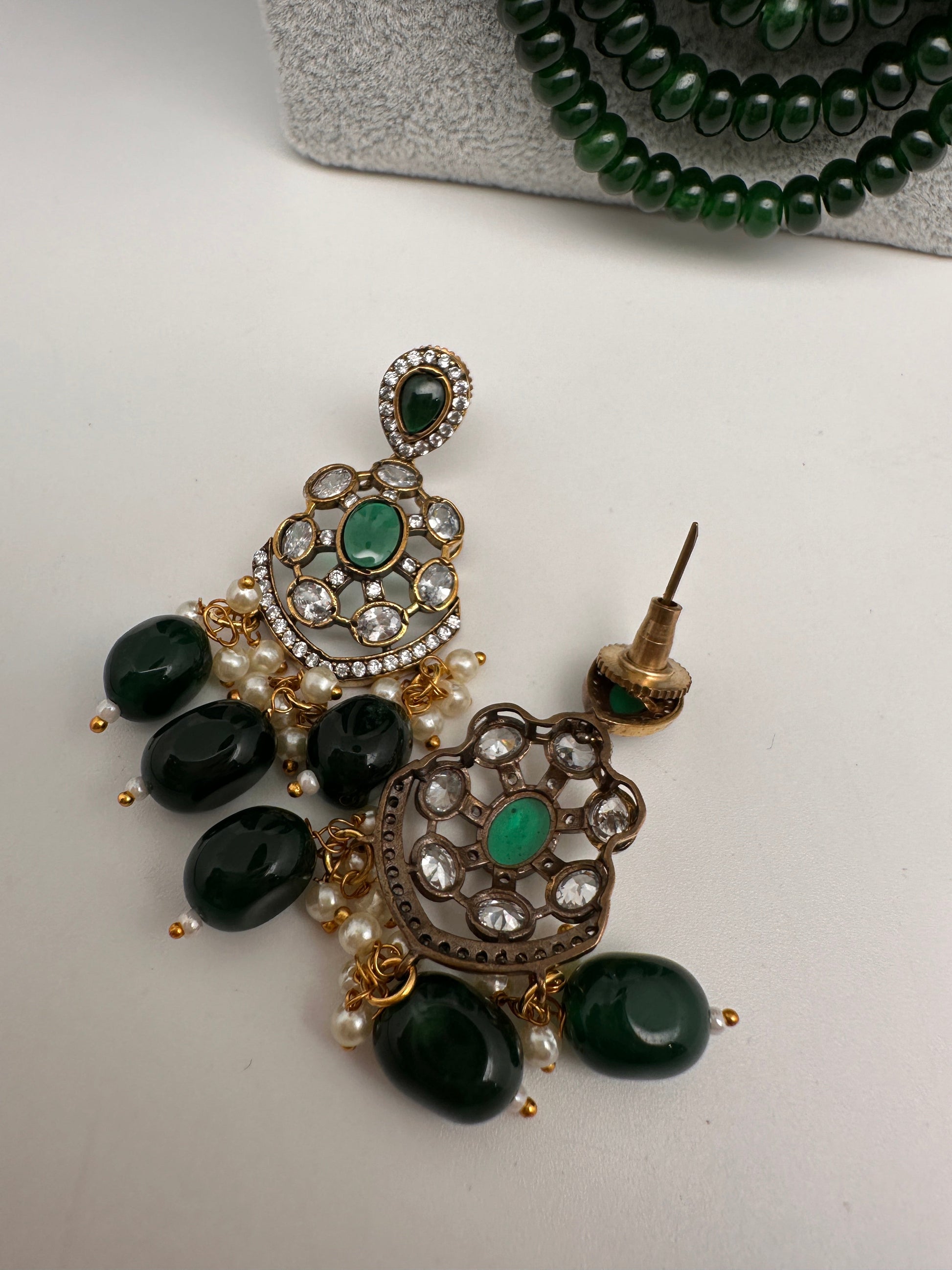 CZ Victorian Side Pendent Color Stone Beads Necklace - Green