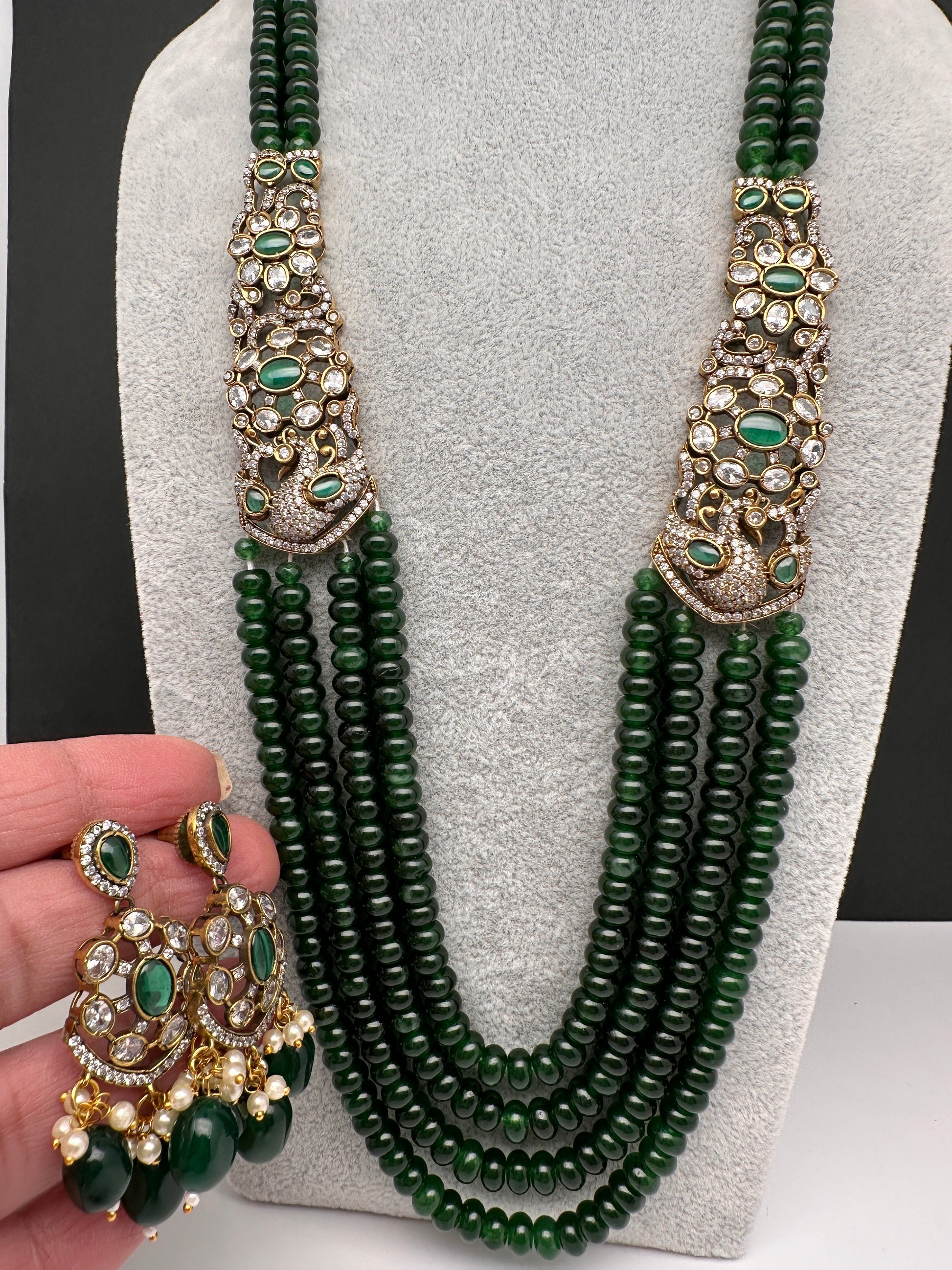 CZ Victorian Side Pendent Color Stone Beads Necklace - Green