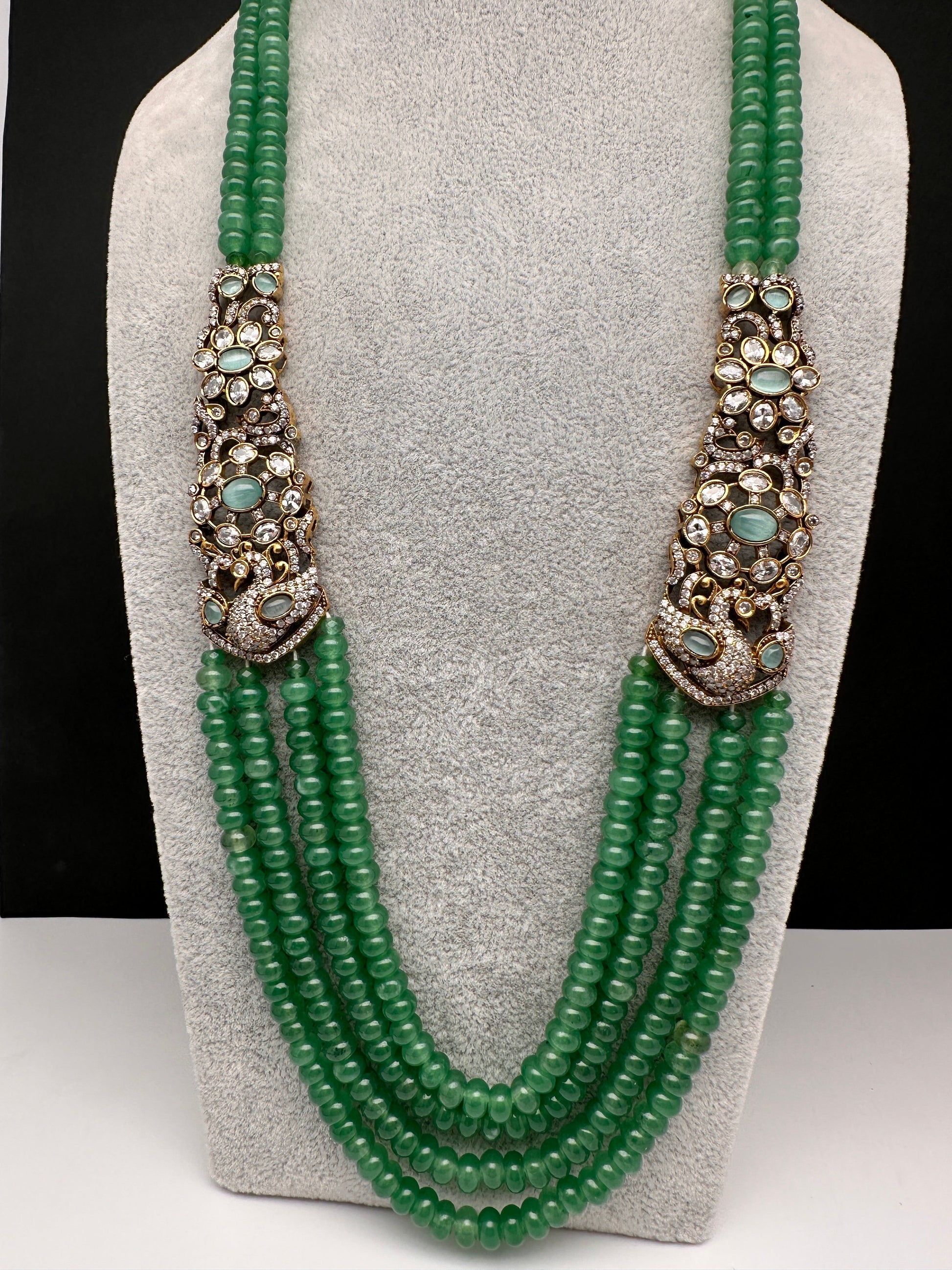 CZ Victorian Side Pendent Color Stone Beads Necklace - LightGreen