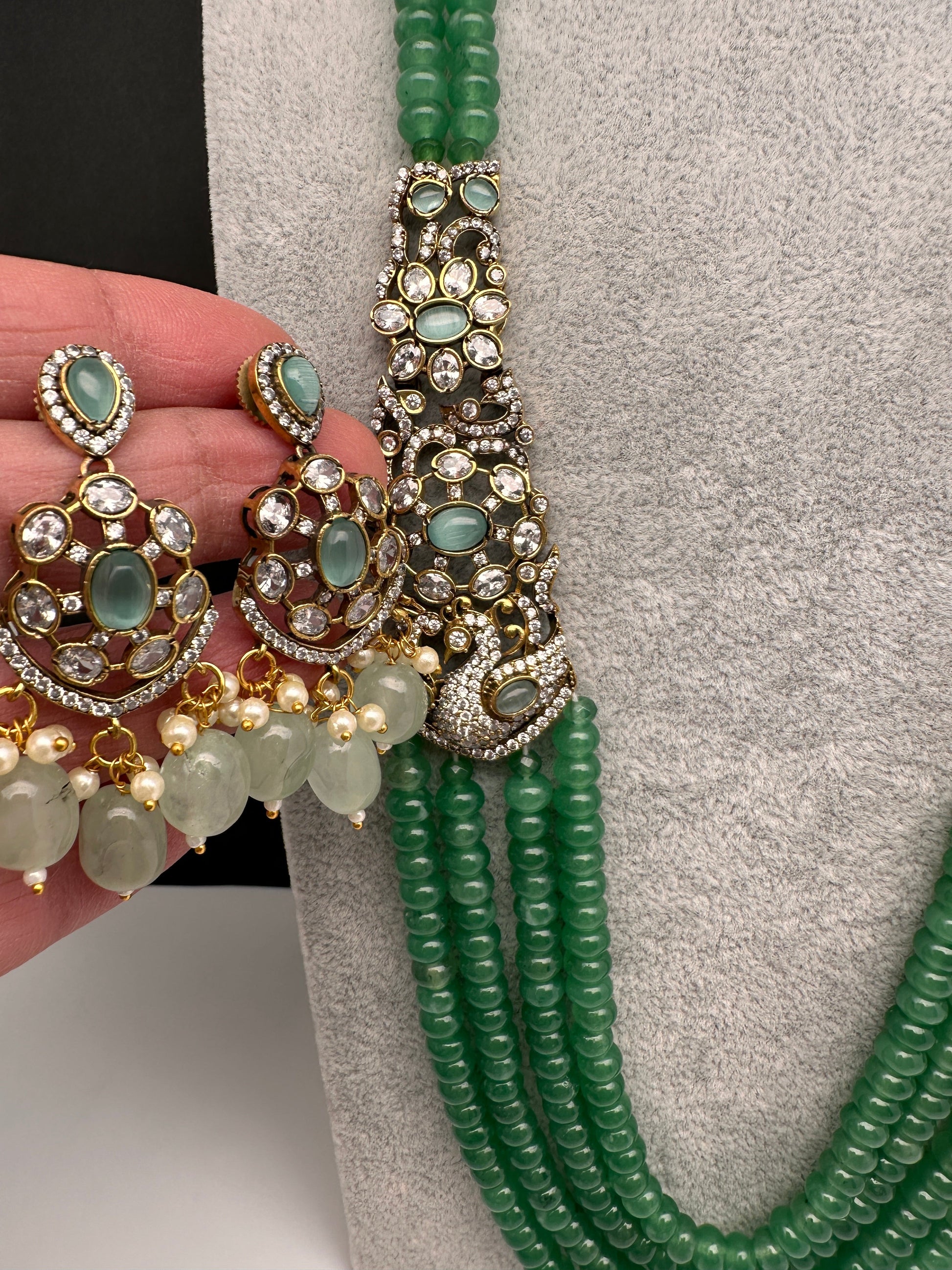 CZ Victorian Side Pendent Color Stone Beads Necklace - LightGreen