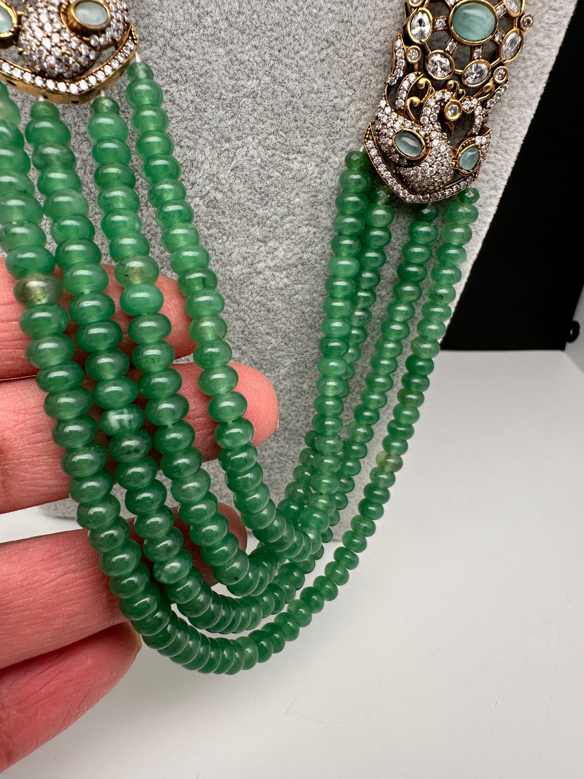 CZ Victorian Side Pendent Color Stone Beads Necklace - LightGreen