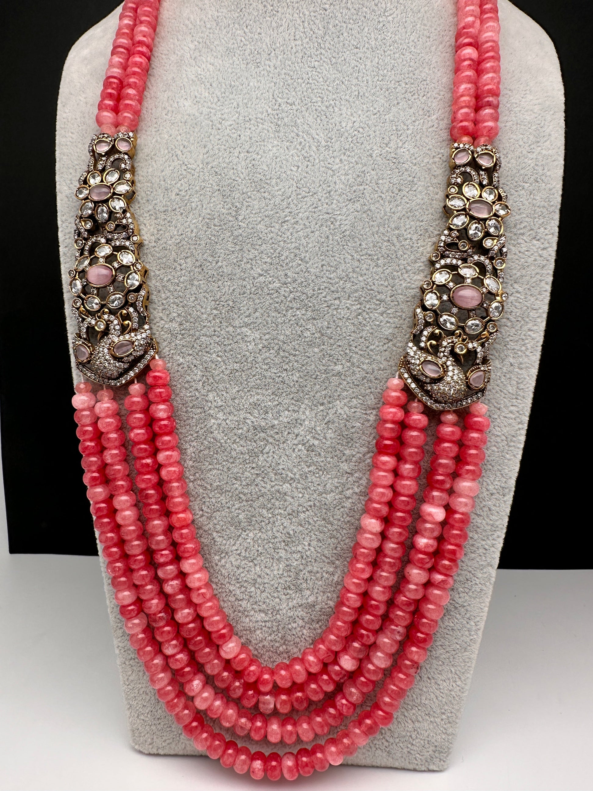 CZ Victorian Side Pendent Color Stone Beads Necklace - Pink