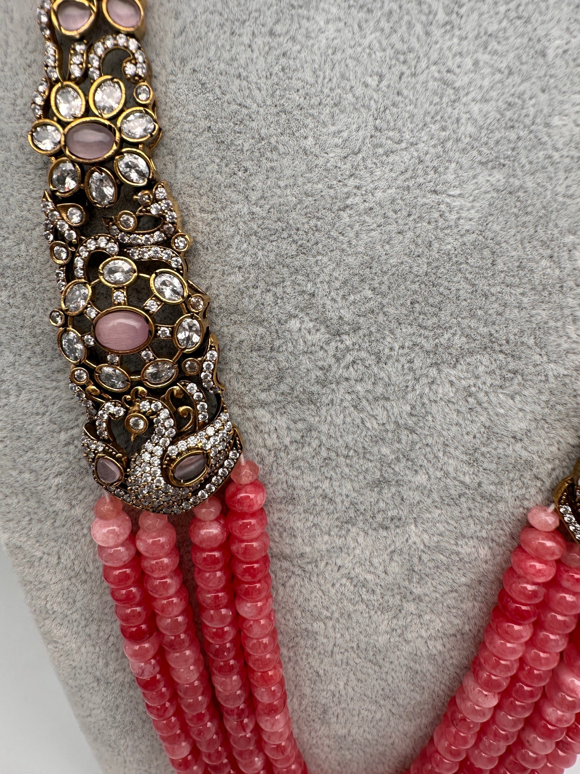 CZ Victorian Side Pendent Color Stone Beads Necklace - Pink