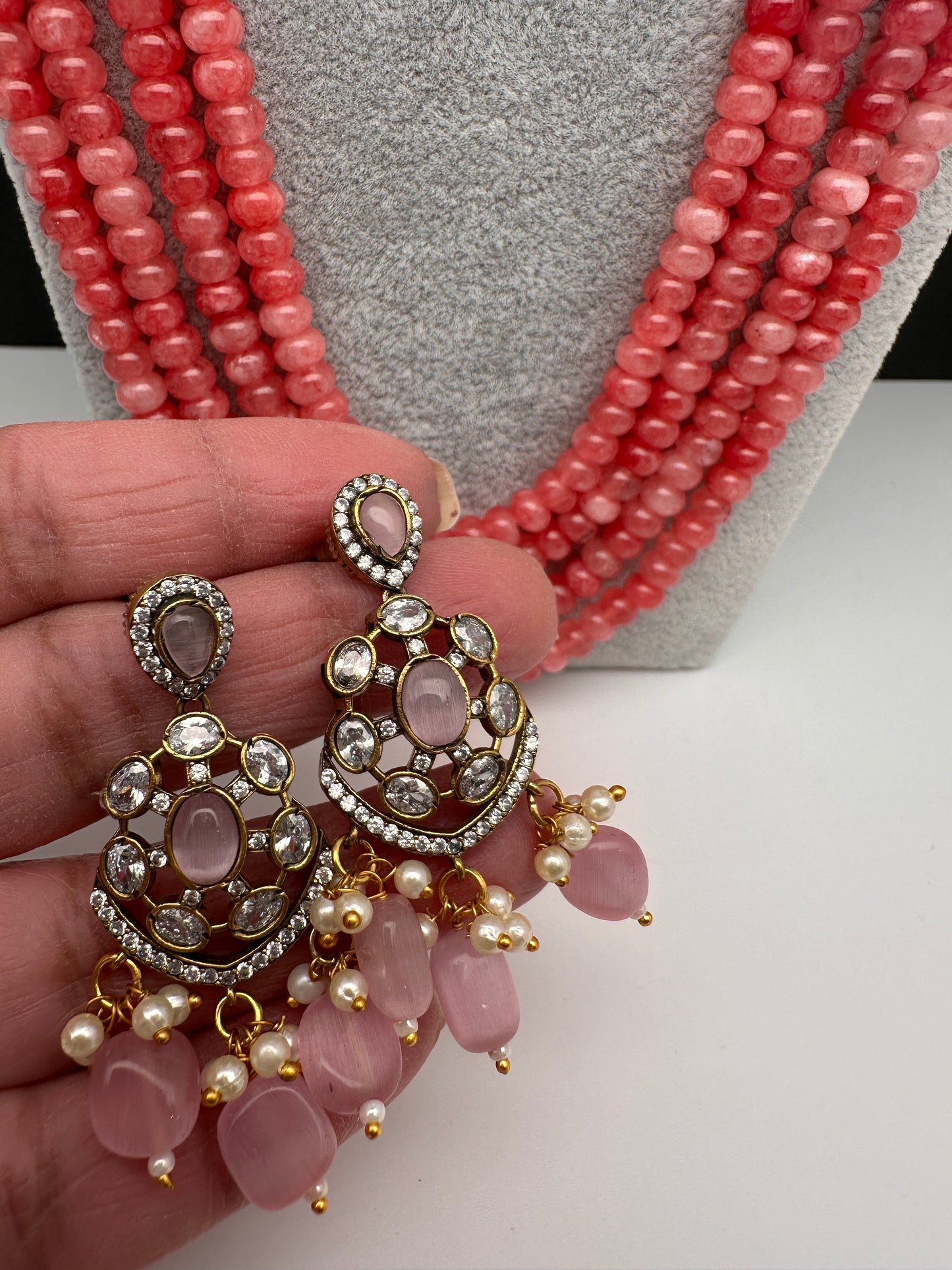 CZ Victorian Side Pendent Color Stone Beads Necklace - Pink