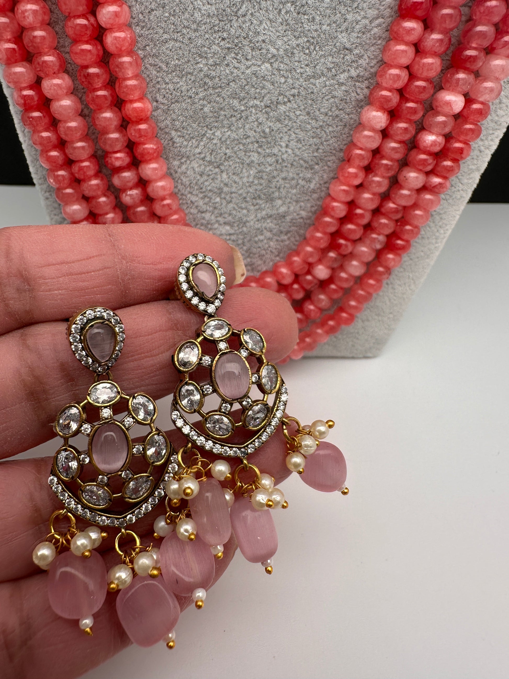 CZ Victorian Side Pendent Color Stone Beads Necklace - Pink