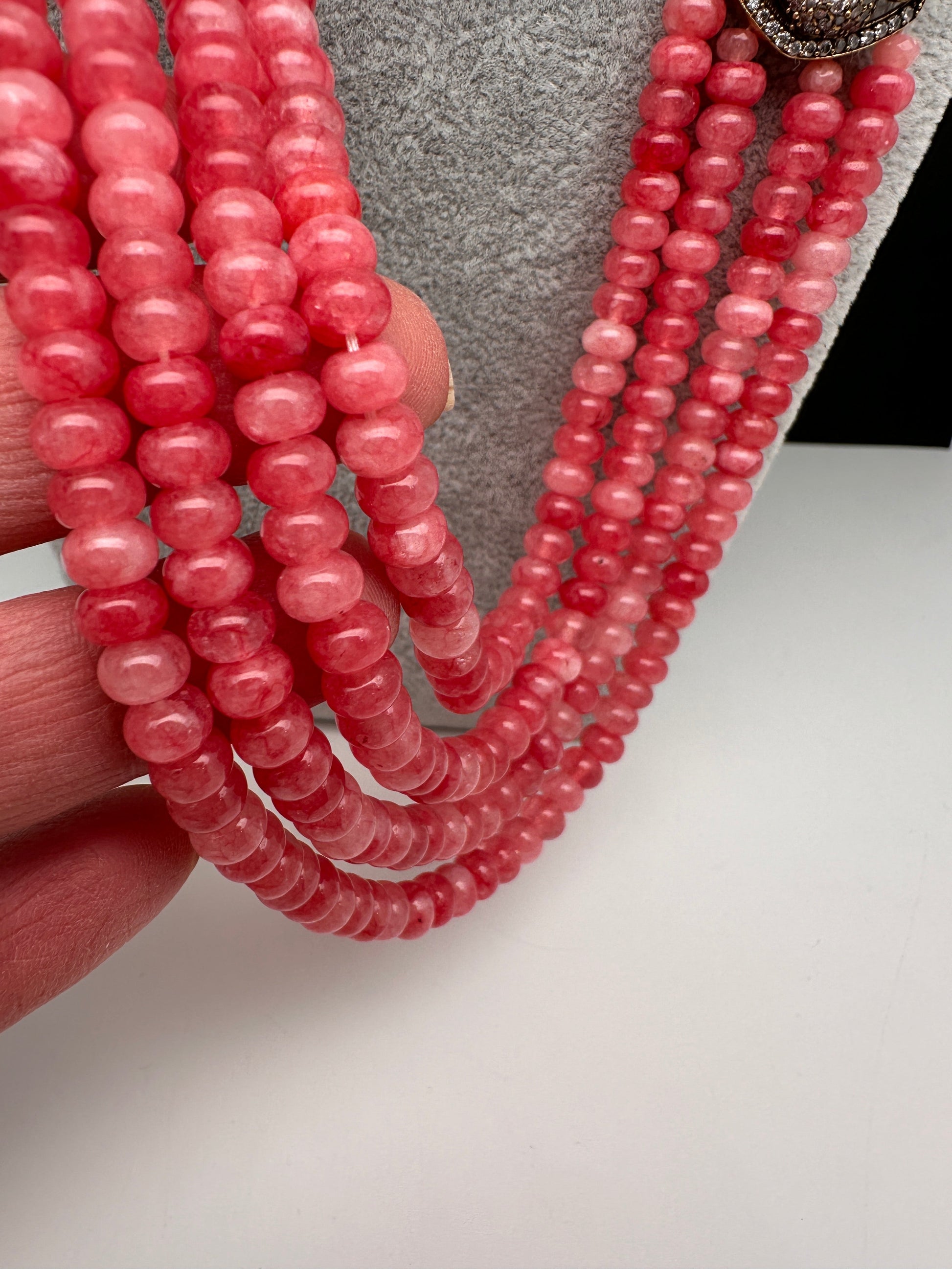 CZ Victorian Side Pendent Color Stone Beads Necklace - Pink