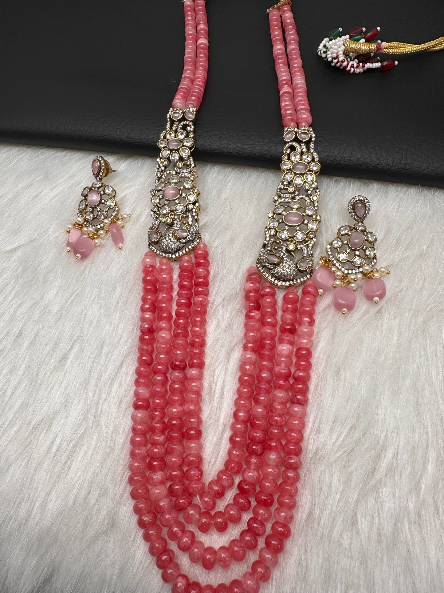 CZ Victorian Side Pendent Color Stone Beads Necklace - Pink