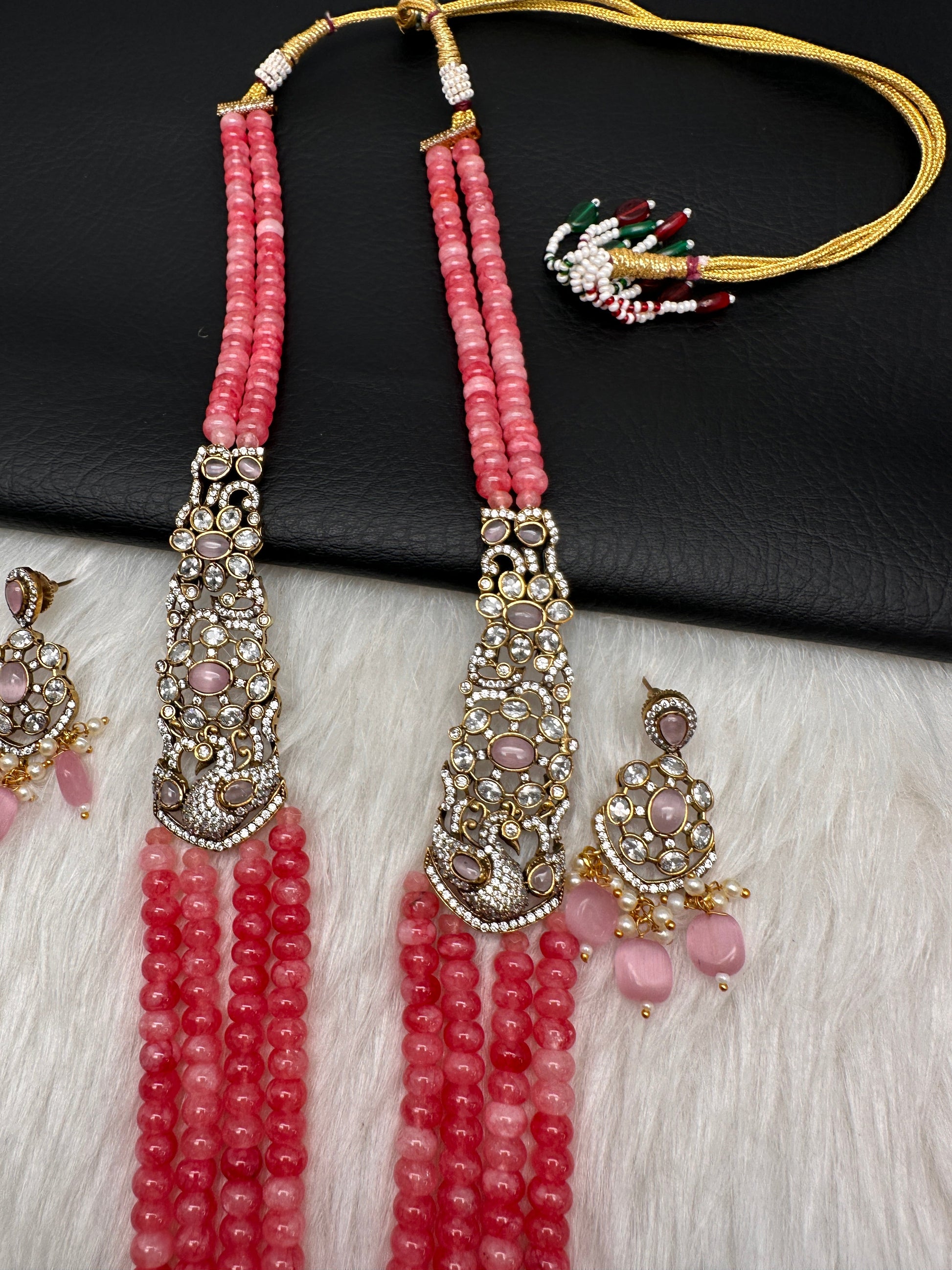 CZ Victorian Side Pendent Color Stone Beads Necklace - Pink