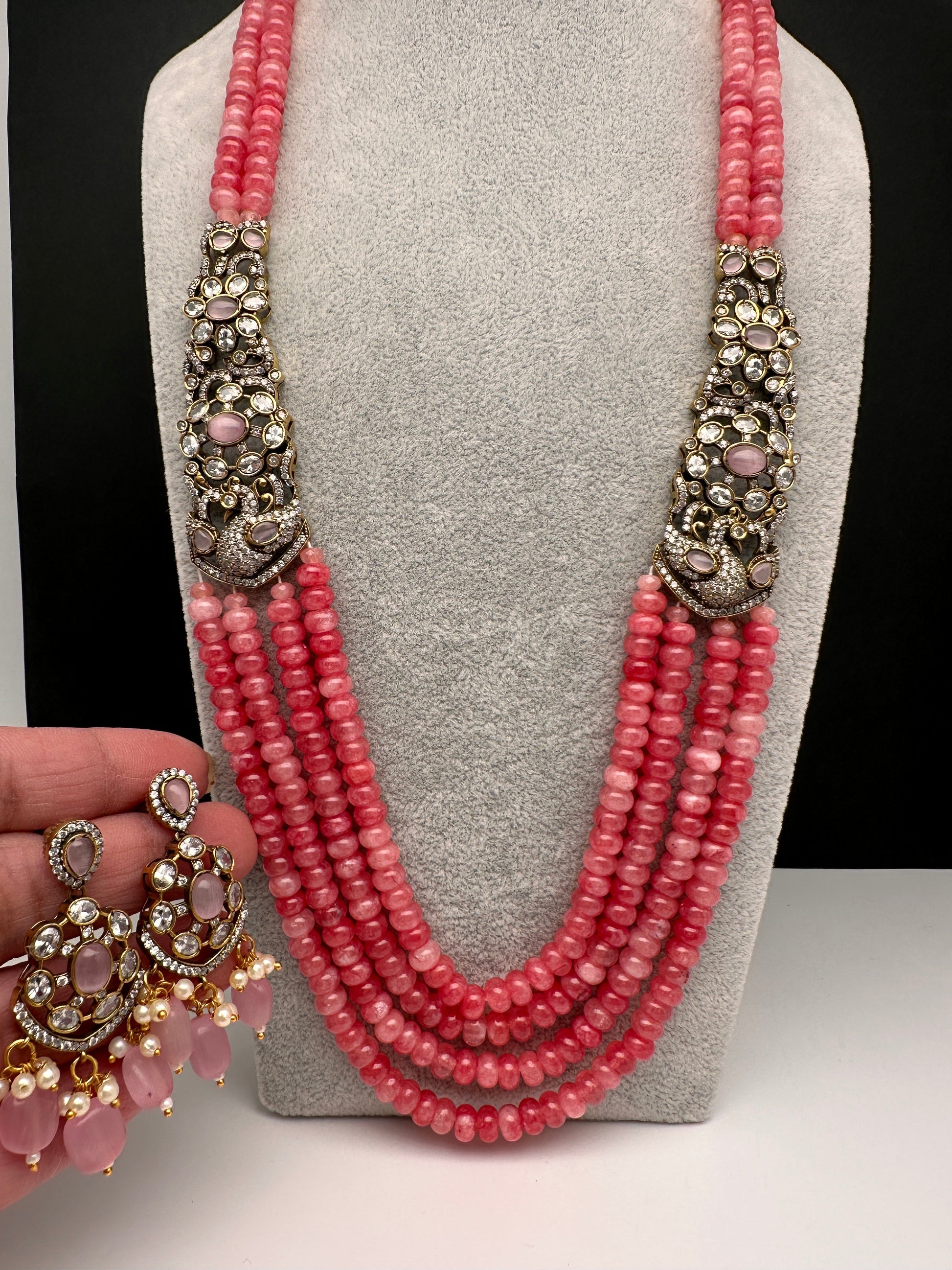 CZ Victorian Side Pendent Color Stone Beads Necklace - Pink