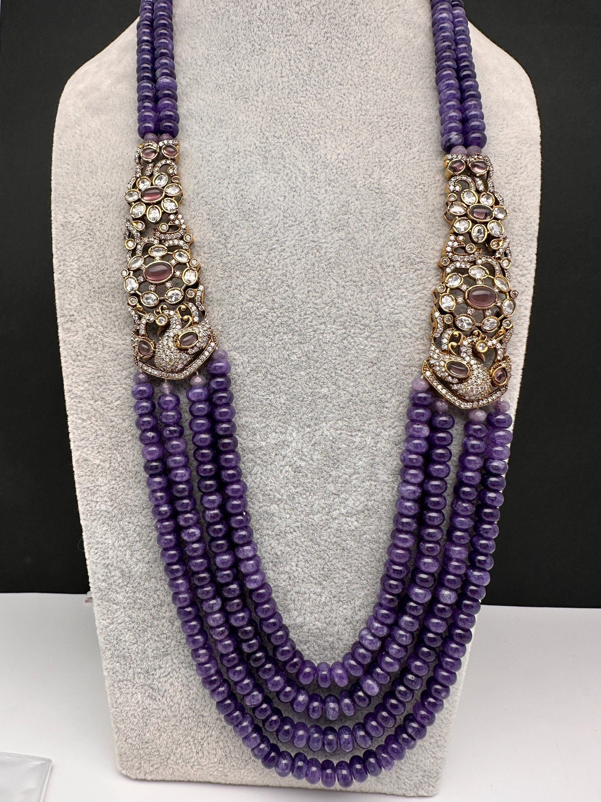 CZ Victorian Side Pendent Color Stone Beads Necklace - Purple