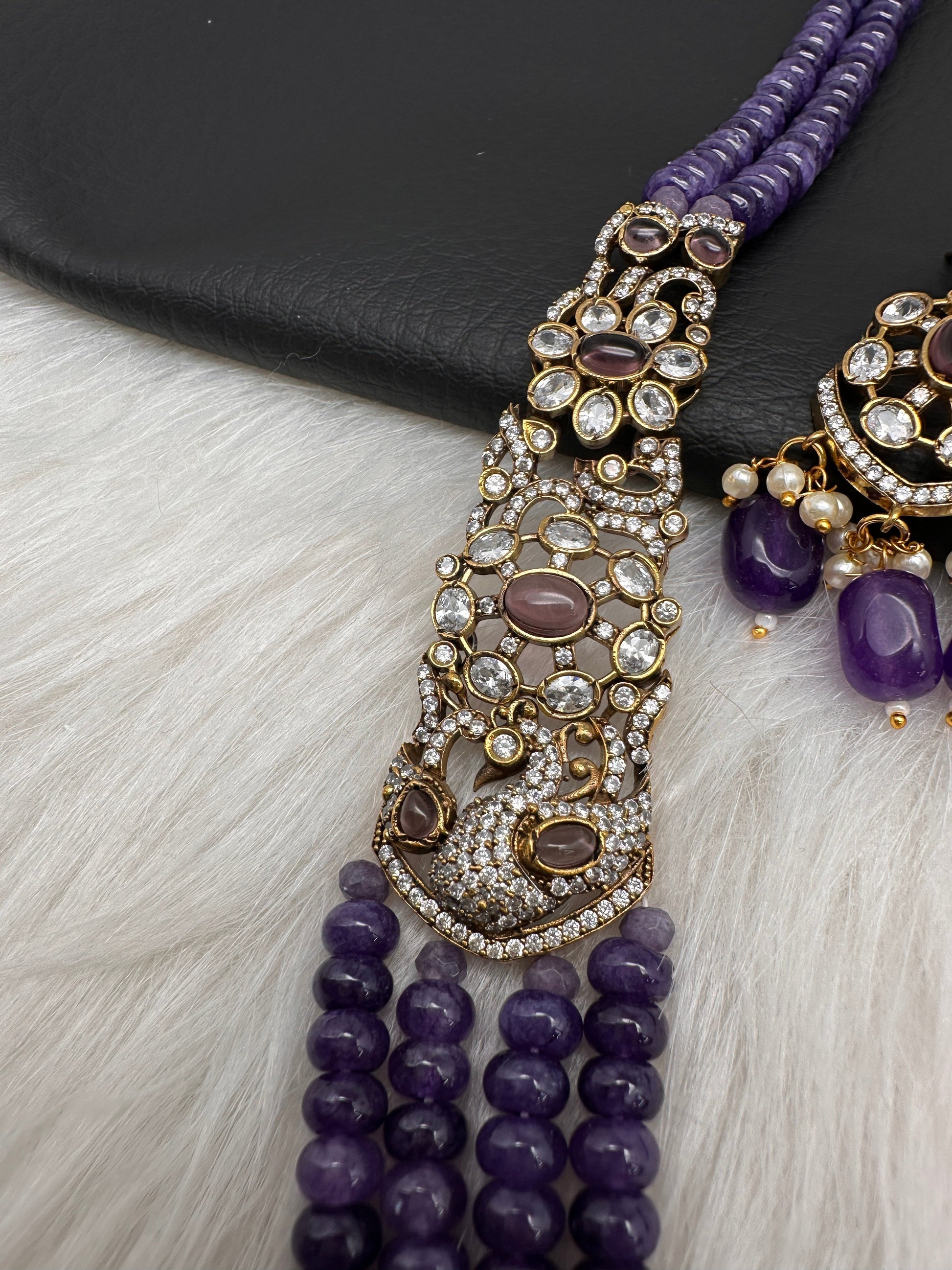 CZ Victorian Side Pendent Color Stone Beads Necklace - Purple