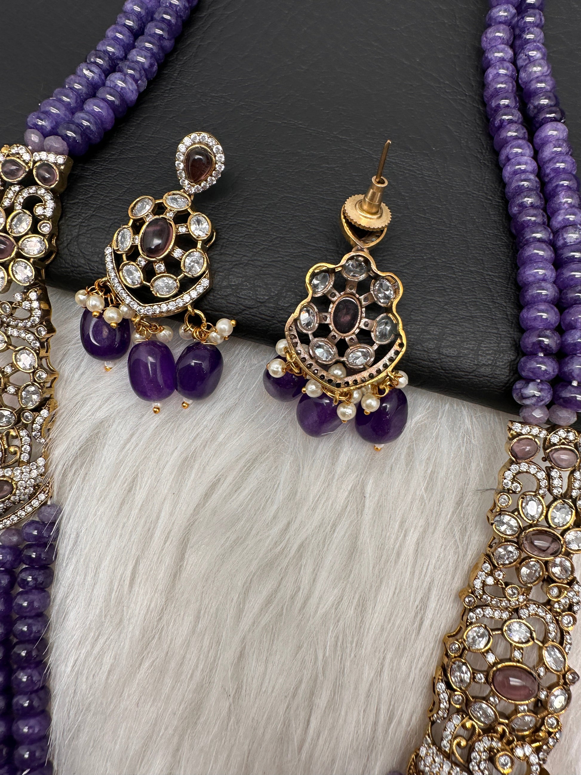 CZ Victorian Side Pendent Color Stone Beads Necklace - Purple