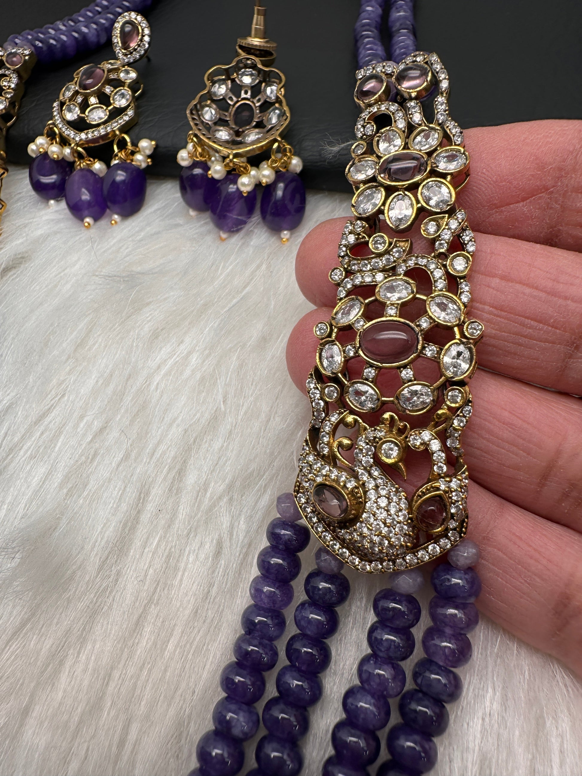 CZ Victorian Side Pendent Color Stone Beads Necklace - Purple