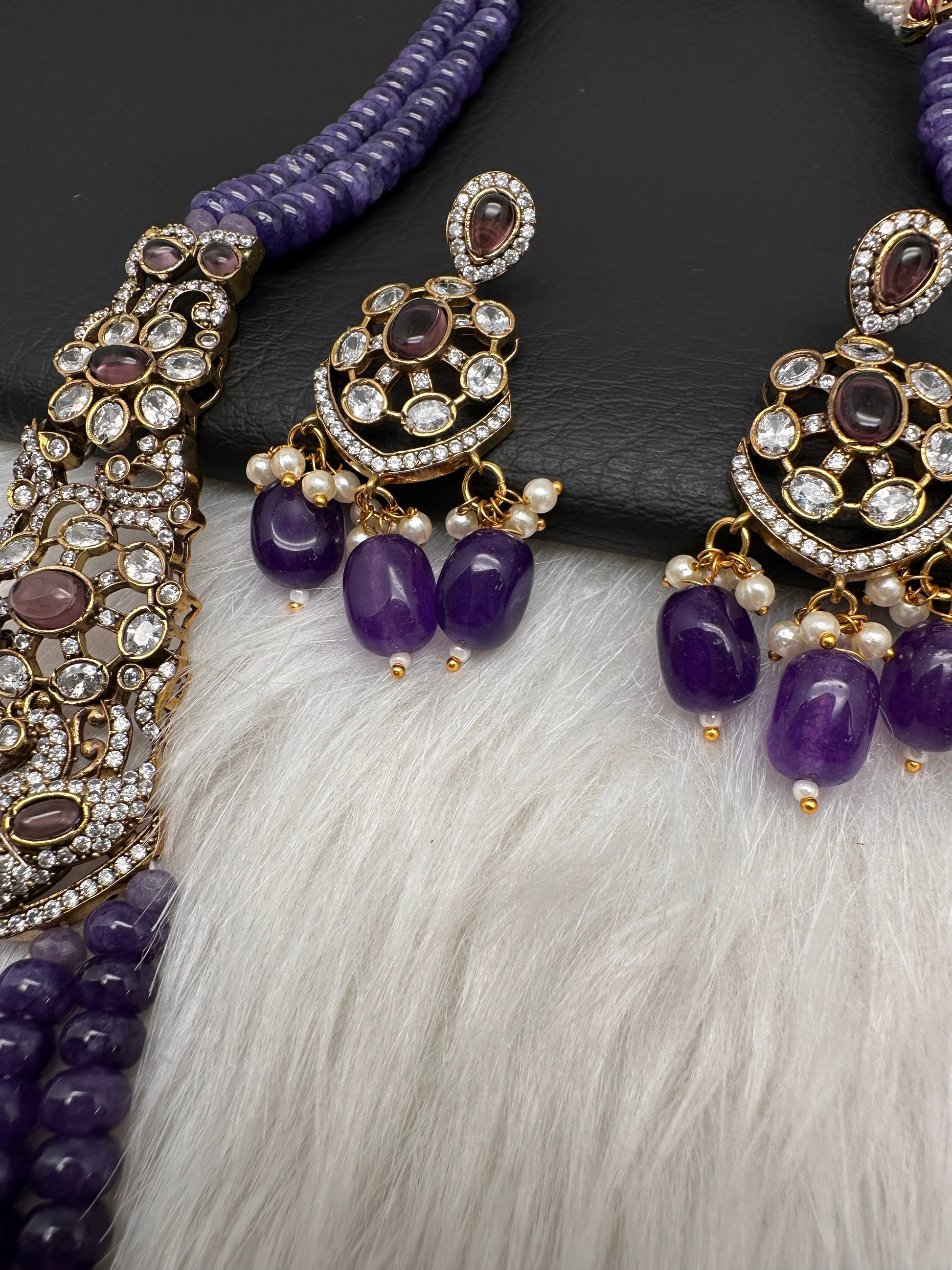 CZ Victorian Side Pendent Color Stone Beads Necklace - Purple