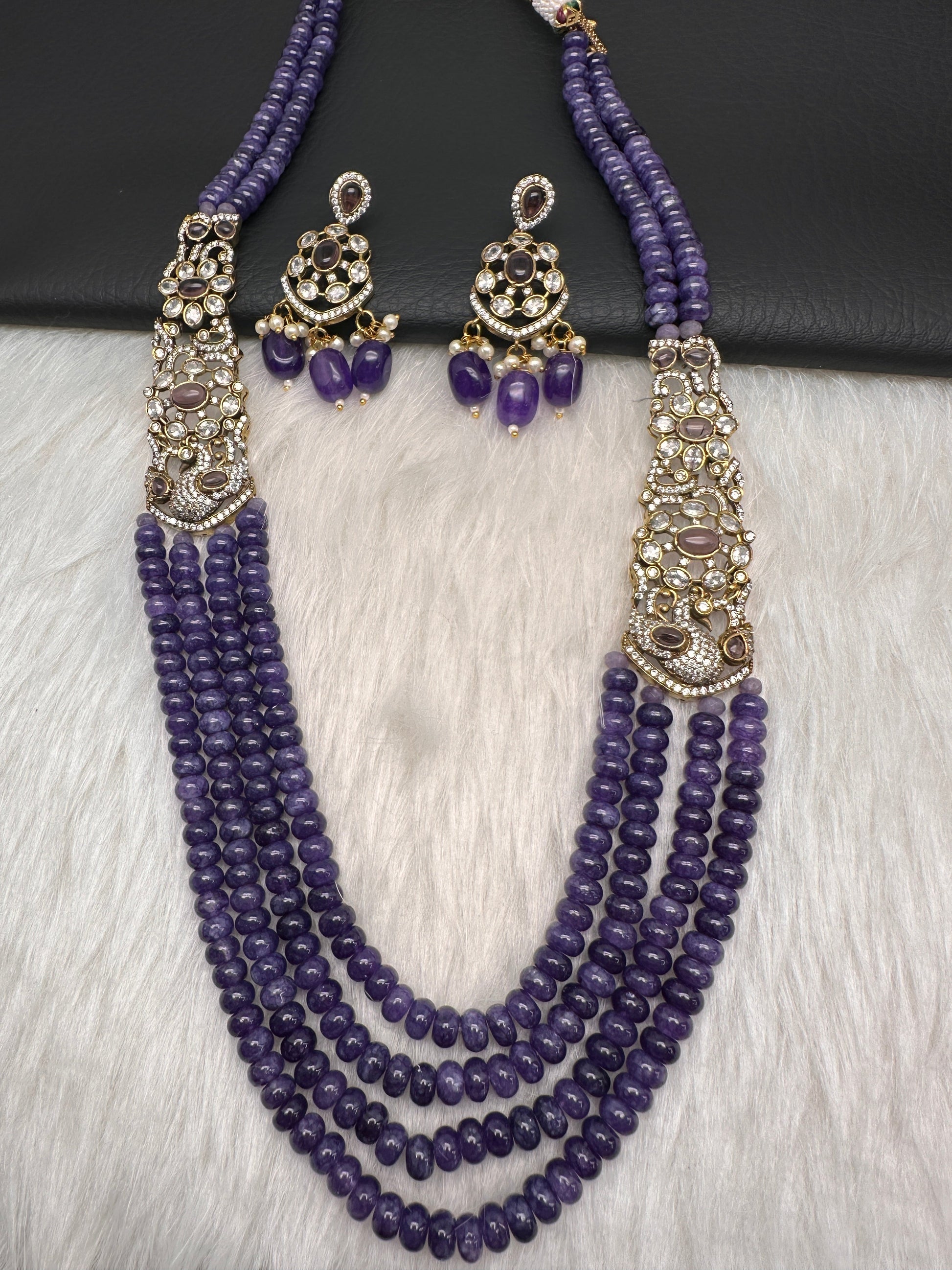 CZ Victorian Side Pendent Color Stone Beads Necklace - Purple