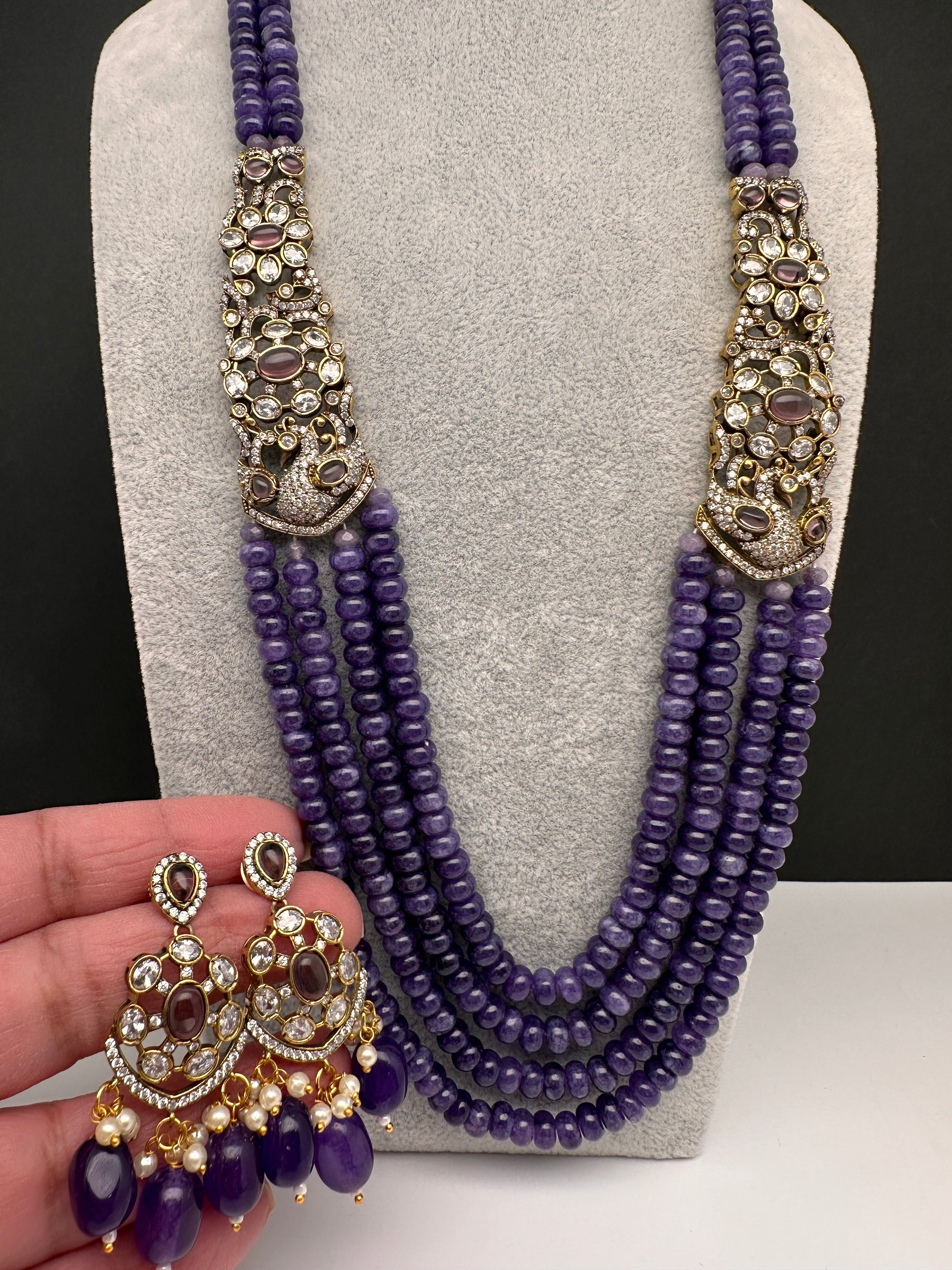 CZ Victorian Side Pendent Color Stone Beads Necklace - Purple