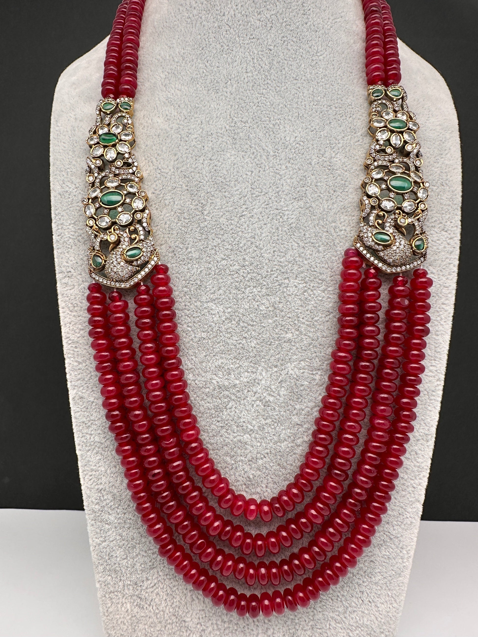 CZ Victorian Side Pendent Color Stone Beads Necklace - Red