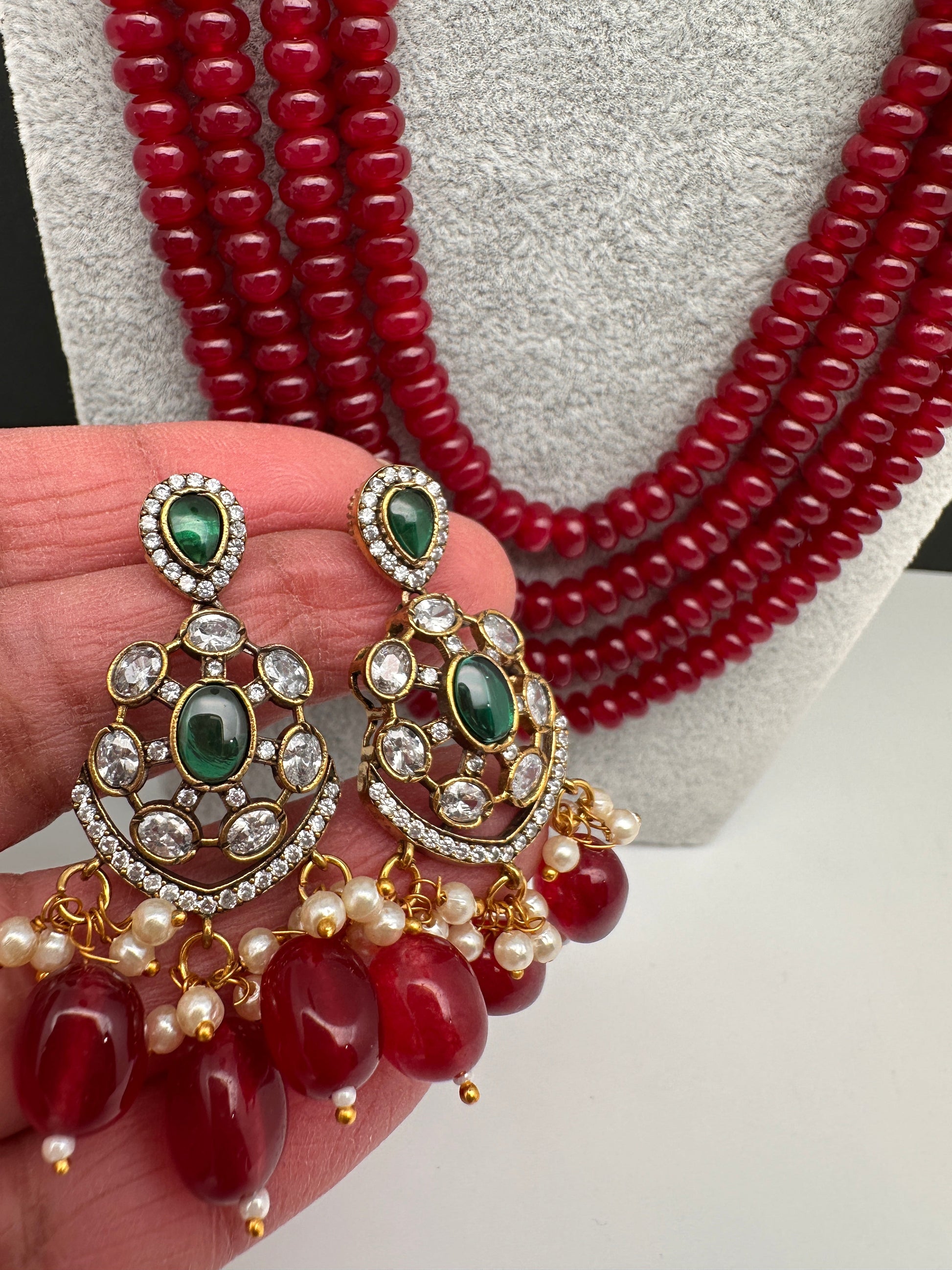 CZ Victorian Side Pendent Color Stone Beads Necklace - Red