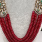 CZ Victorian Side Pendent Color Stone Beads Necklace - Red