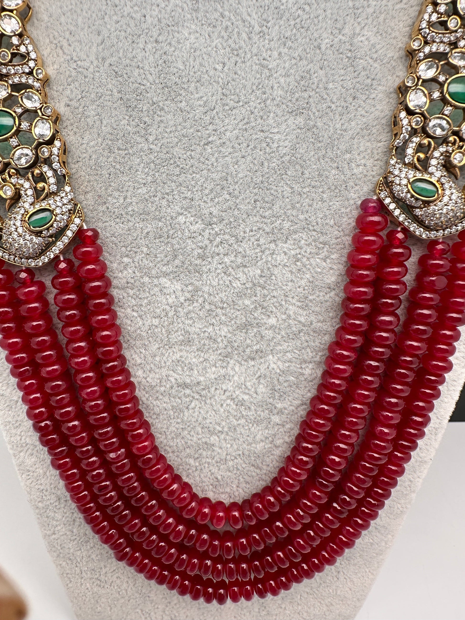 CZ Victorian Side Pendent Color Stone Beads Necklace - Red