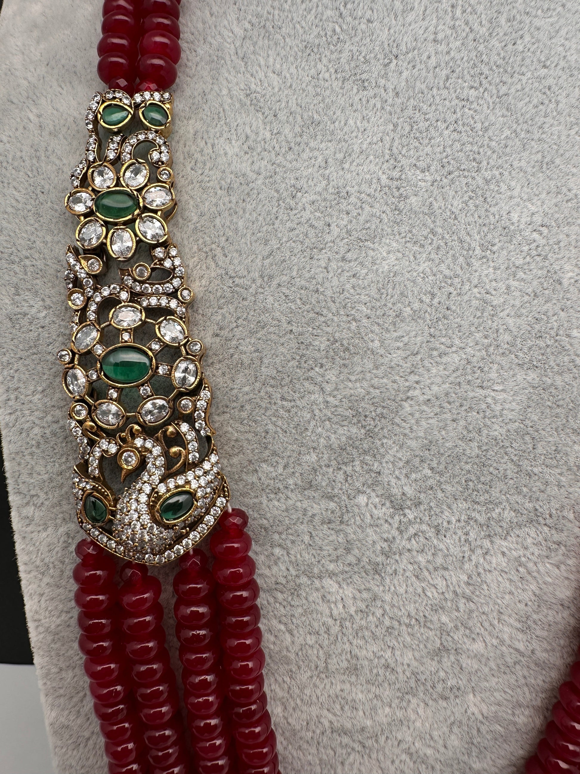CZ Victorian Side Pendent Color Stone Beads Necklace - Red
