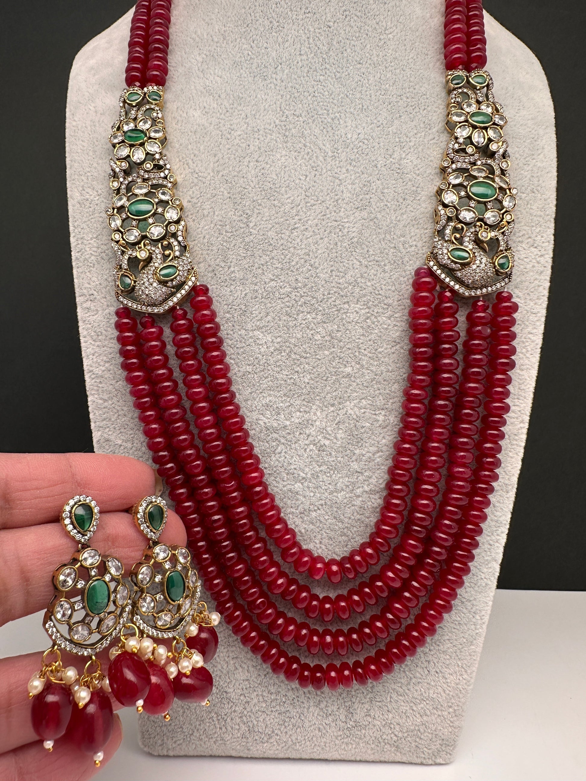 CZ Victorian Side Pendent Color Stone Beads Necklace - Red