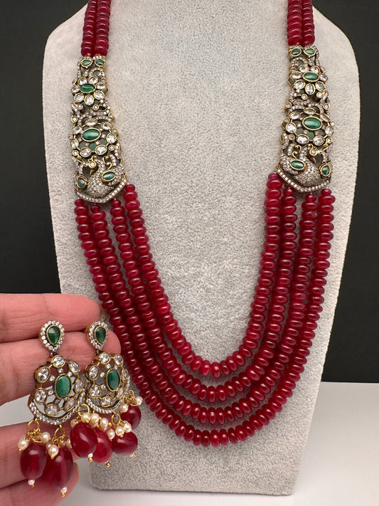 CZ Victorian Side Pendent Color Stone Beads Necklace - Red
