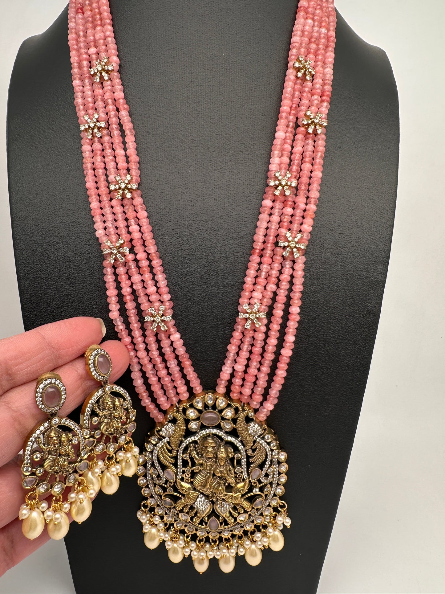 Lord Narsima Onyx Beads  Color Stone Long Necklace - pink