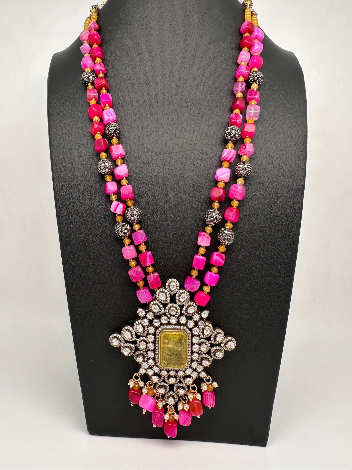 Doublet Stones Box Beads Color Stone Long Necklace - DarkPink