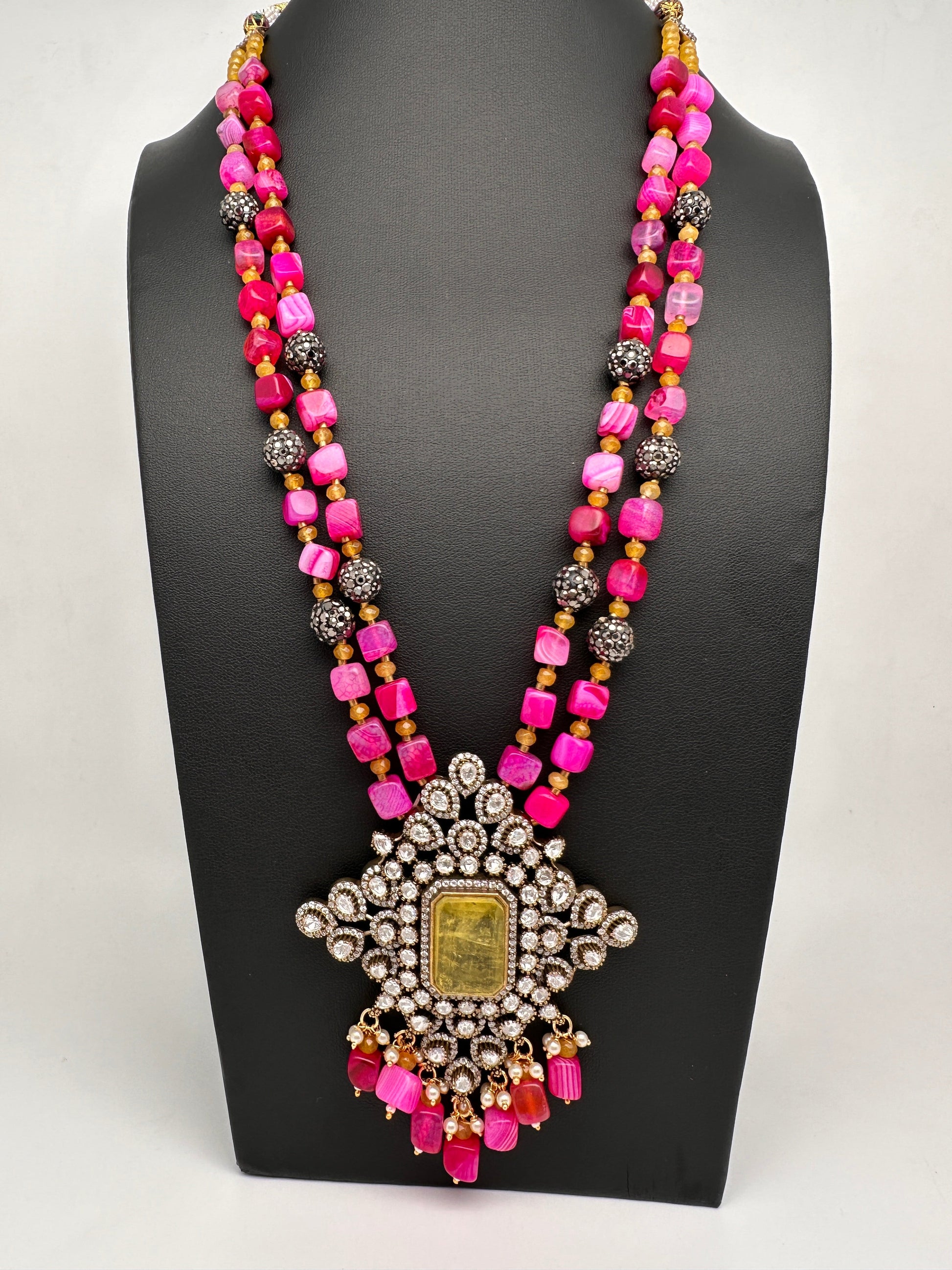 Doublet Stones Box Beads Color Stone Long Necklace - DarkPink