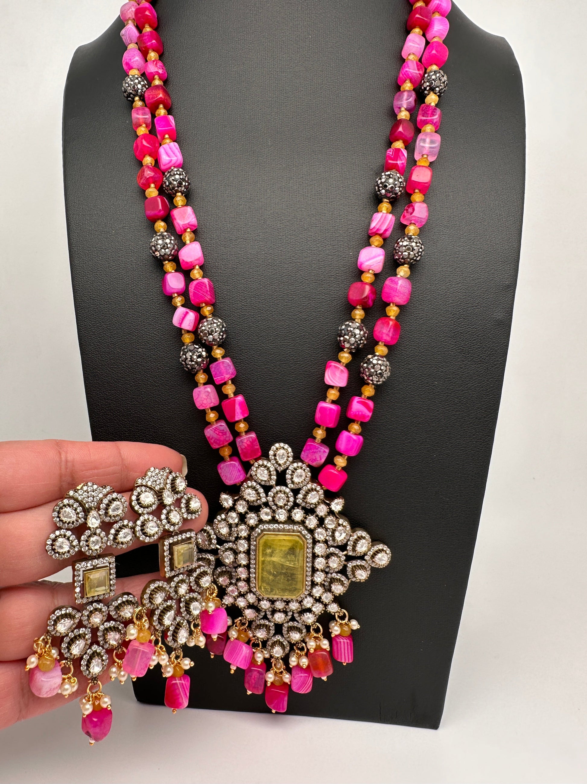 Doublet Stones Box Beads Color Stone Long Necklace - DarkPink