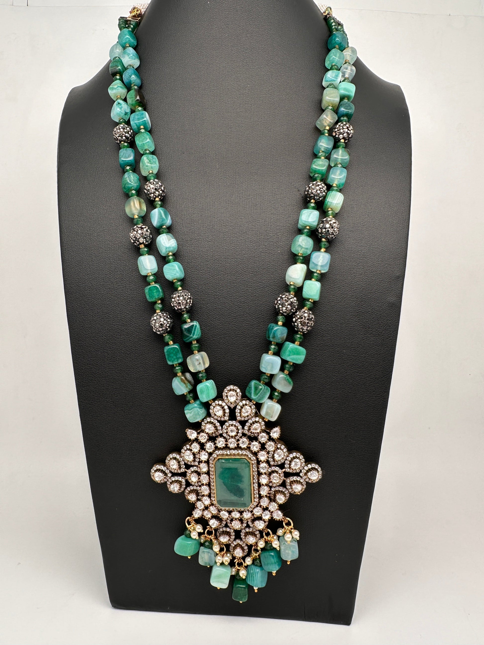 Doublet Stones Box Beads Color Stone Long Necklace - Green