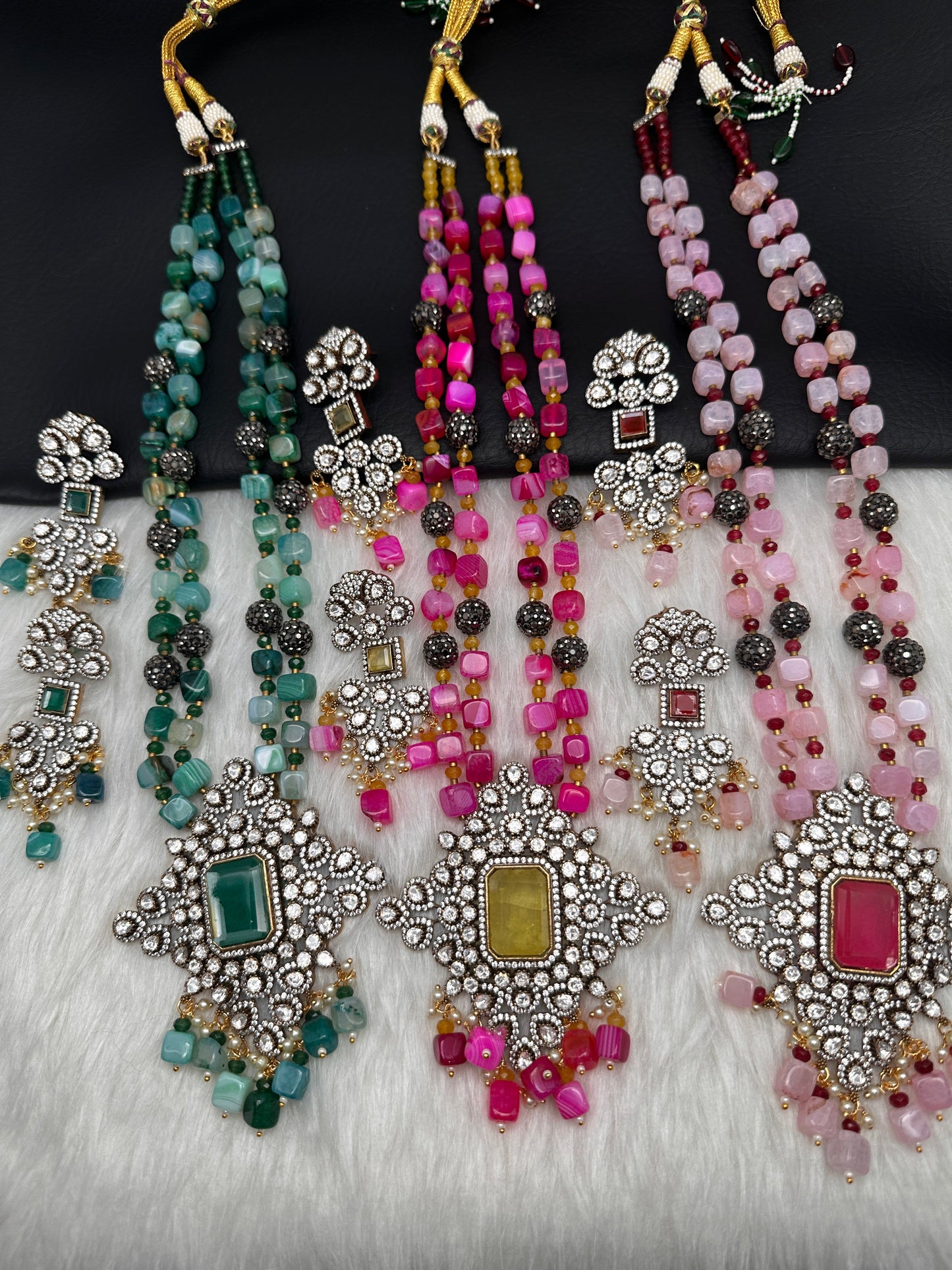 Doublet Stones Box Beads Color Stone Long Necklace - Green