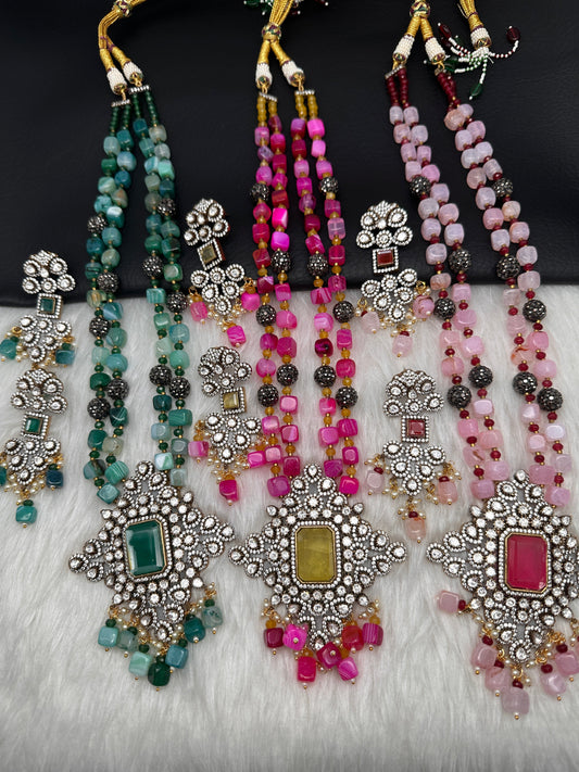 Doublet Stones Box Beads Color Stone Long Necklace - Green