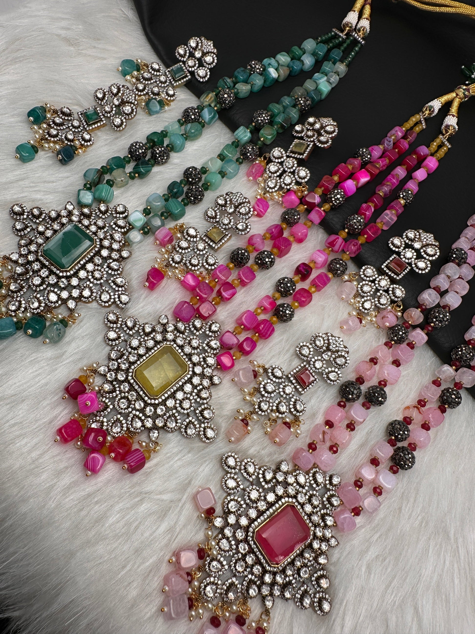 Doublet Stones Box Beads Color Stone Long Necklace - Green