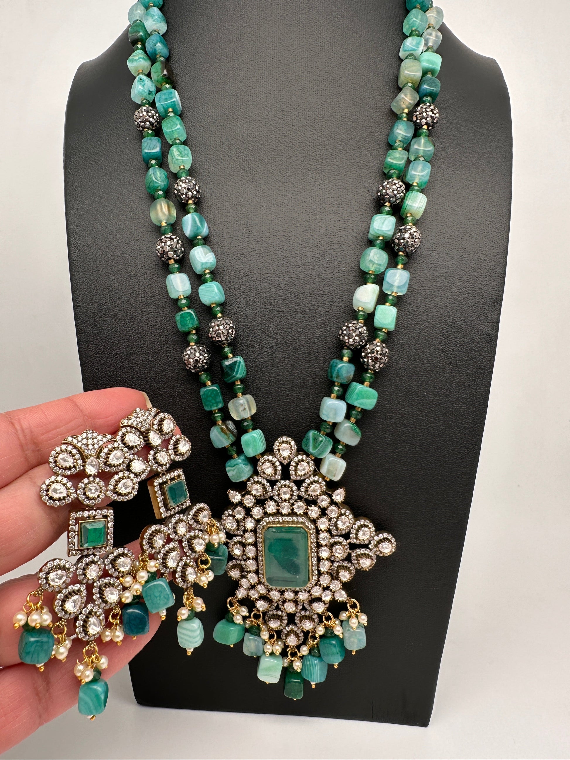 Doublet Stones Box Beads Color Stone Long Necklace - Green