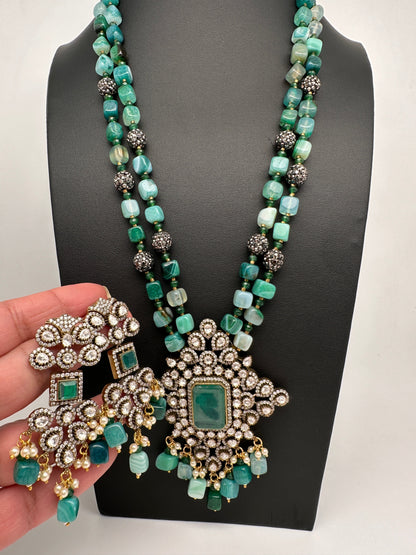 Doublet Stones Box Beads Color Stone Long Necklace - Green
