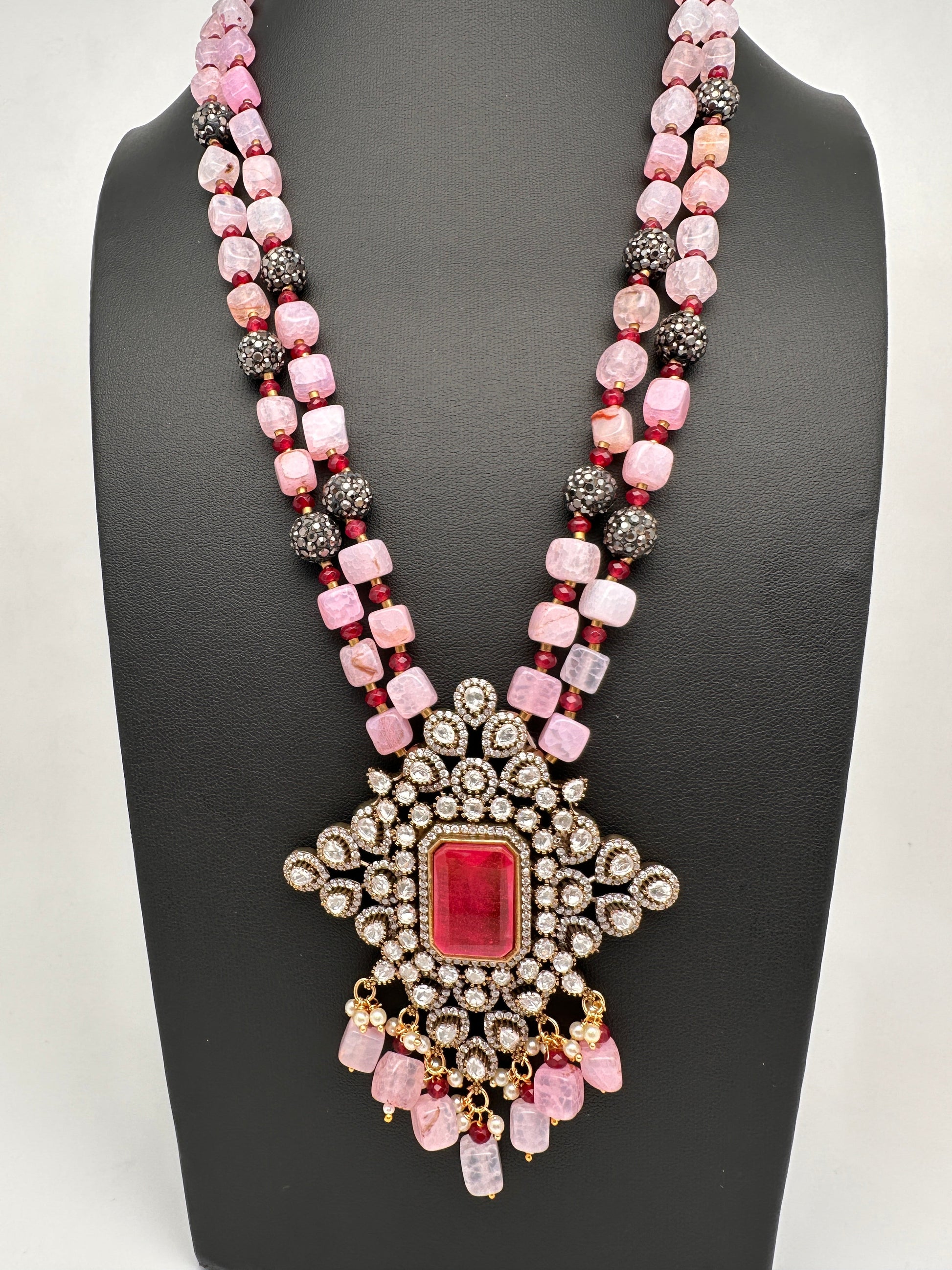 Doublet Stones Box Beads Color Stone Long Necklace - Pink