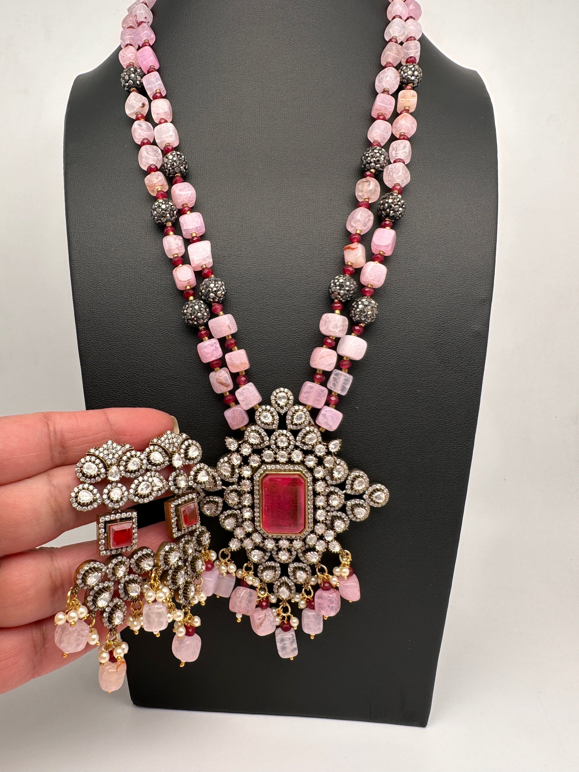 Doublet Stones Box Beads Color Stone Long Necklace - Pink