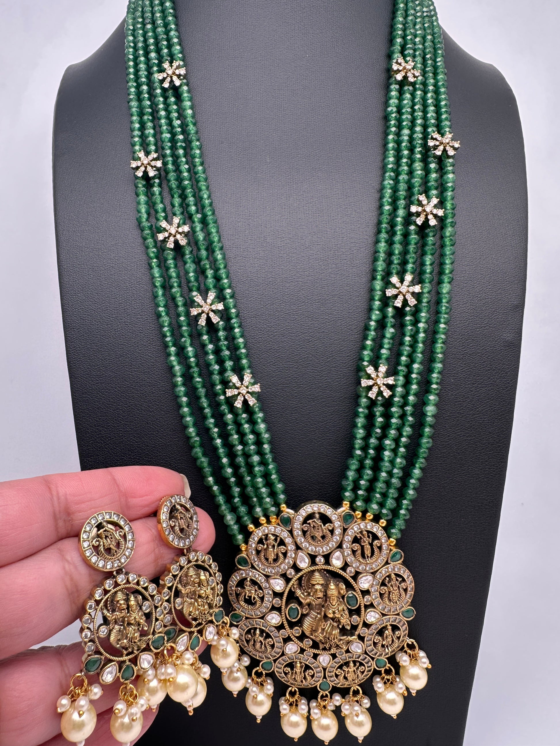 Victorian Dashavatar Beads Color Stone Long Necklace - Green