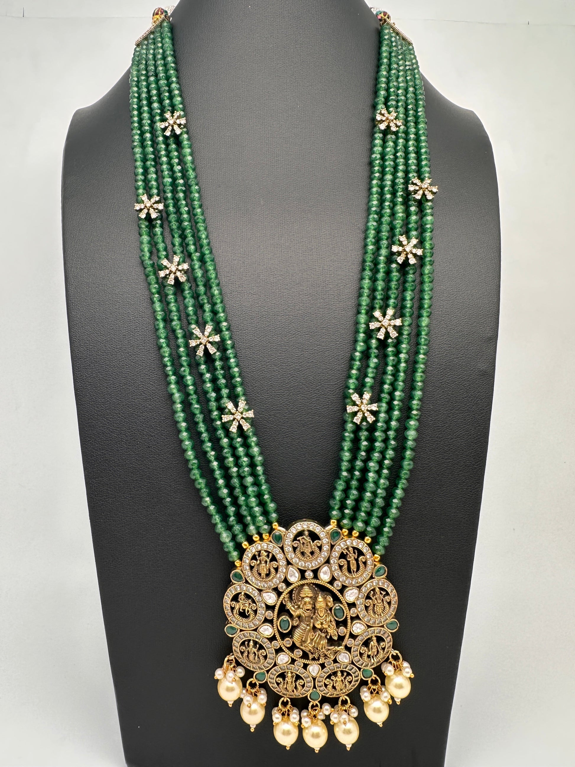 Victorian Dashavatar Beads Color Stone Long Necklace - Green