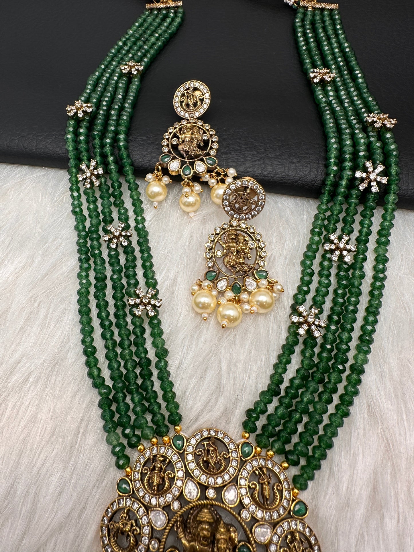 Victorian Dashavatar Beads Color Stone Long Necklace - Green