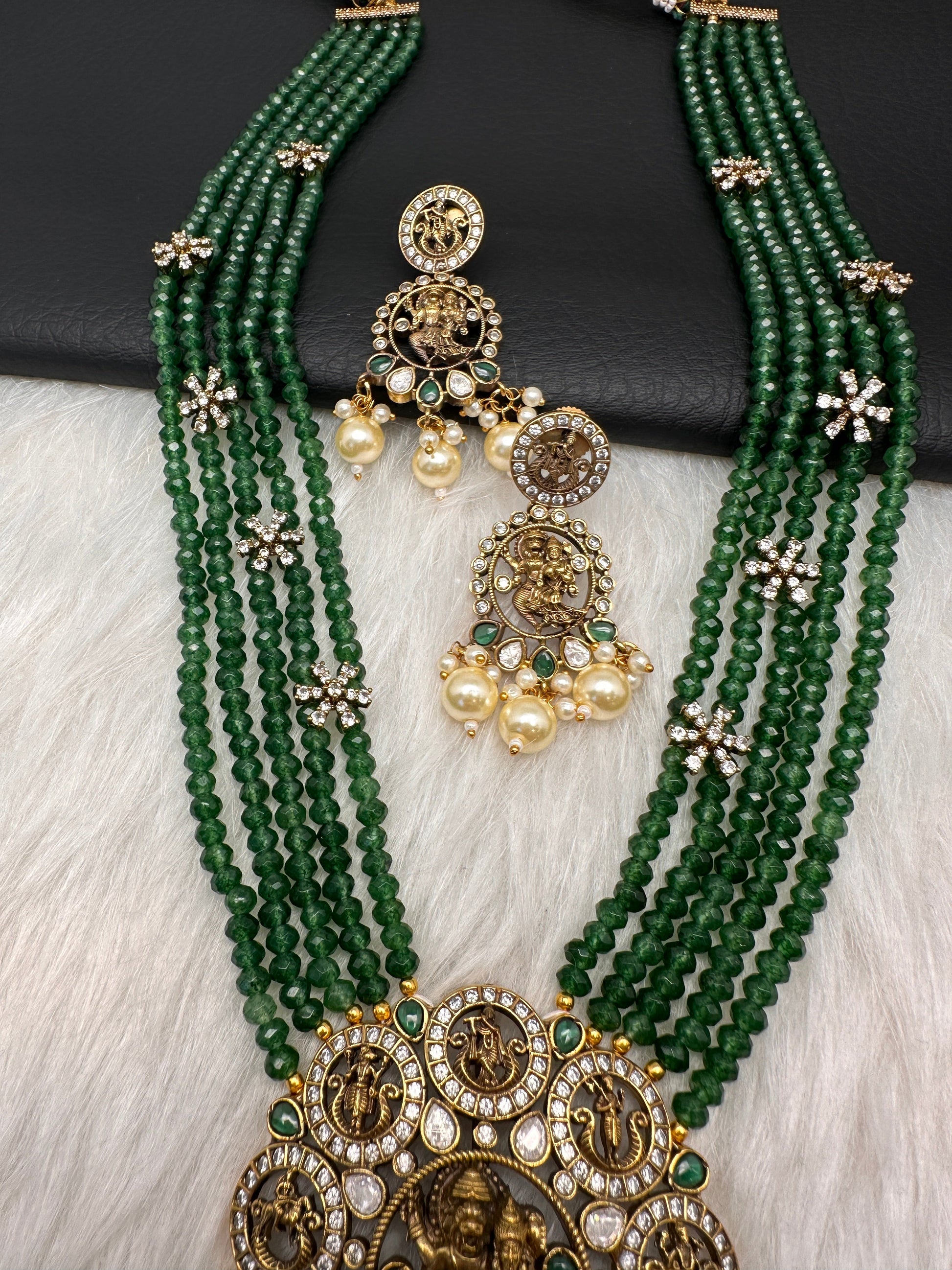 Victorian Dashavatar Beads Color Stone Long Necklace - Green